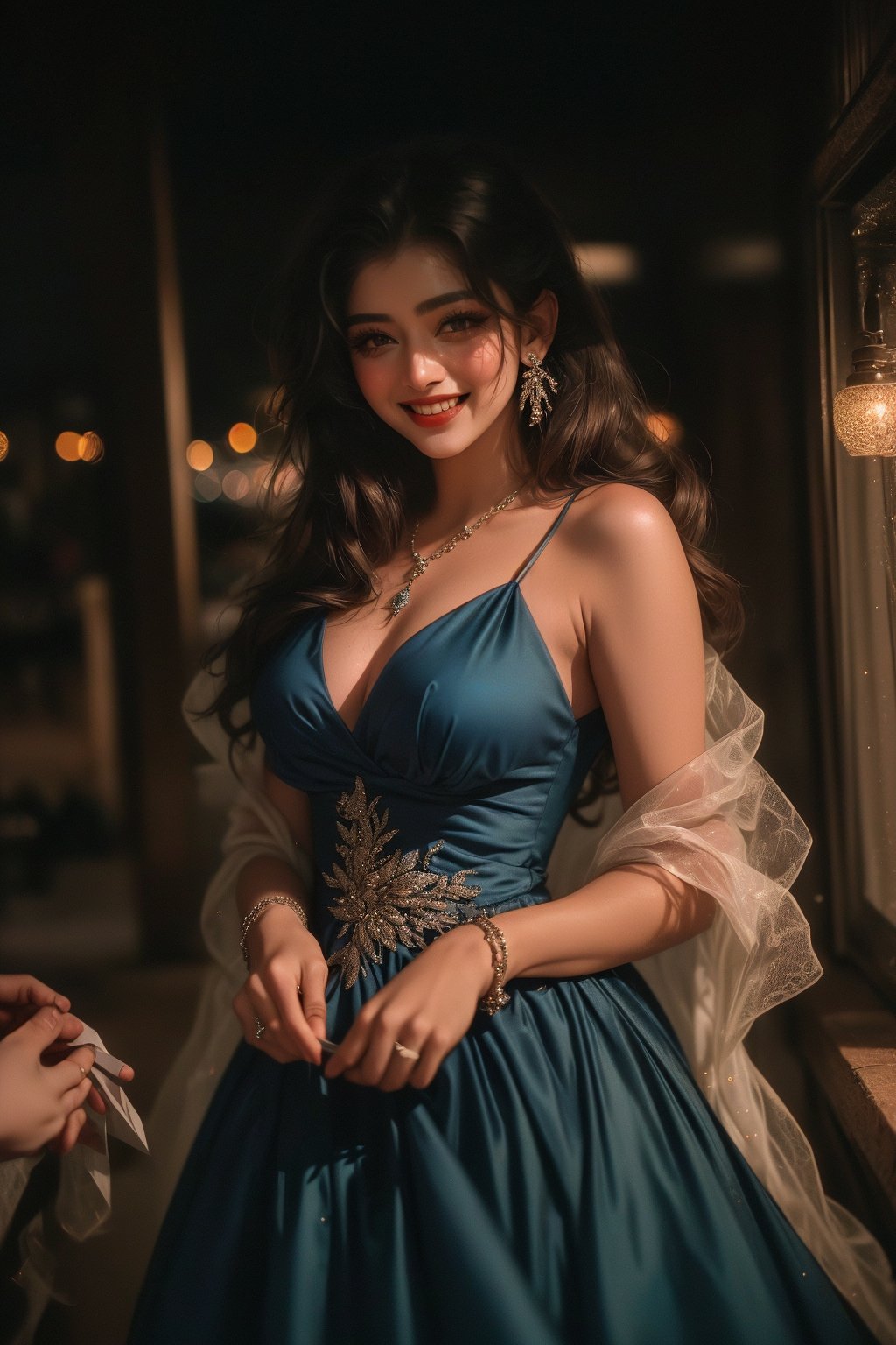 (( film grain, cinematic film, RAW photo, dark, intricate detail, grainy, niosy, gritty, vintage paper, ))
.
.
Riana wearing a sparkling dark blue dress adorned with exquisite jewelry, smiling faintly while fixing her long flowing hair.