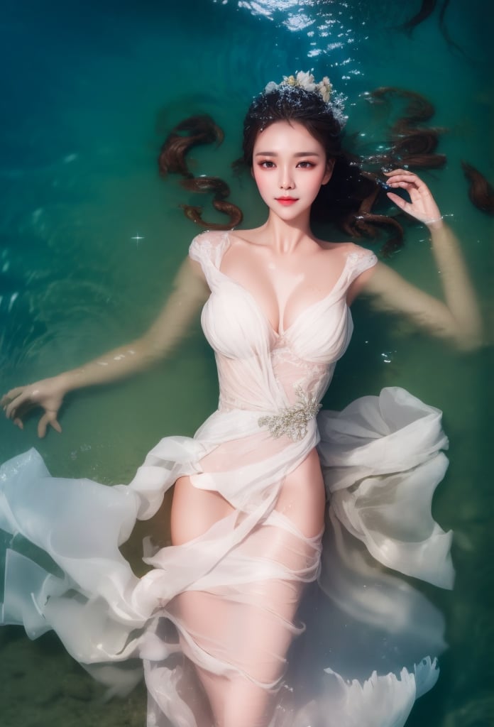 1 beauty lying in the water in a beautiful style, her skin is (wet), she wears tight short bridal dress, see-through, (with head), hair and dress flowing in the water, from above, (look at viewer:1.1), (solo), masterpieces, best quality, high resolution, bright scene, soft color, low contrast, (ripples, sparkling:1.2),