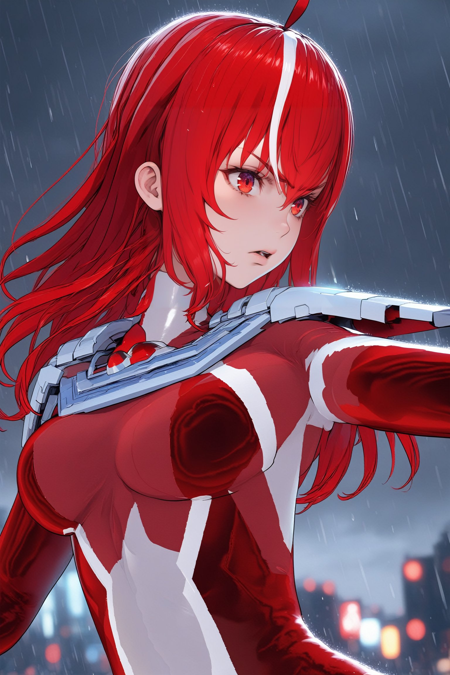 ultragirl fina, bing girl, (close up, high tension), red hair, red bodysuit dim, grey sky, night, rain, miniscale city, city scape, fighting stance, 