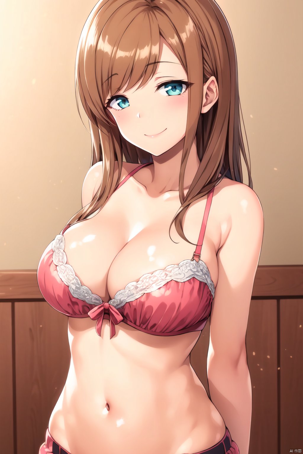 breasts, looking at viewer, blush, smile, large breasts, navel, cleavage, bare shoulders,sanada,swept_bangs,brown hair