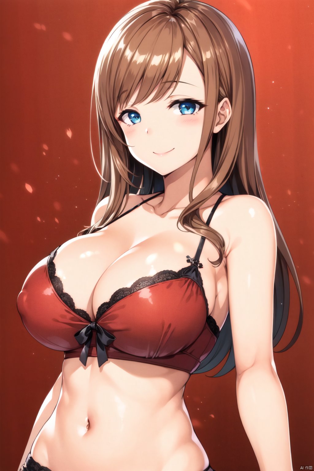 breasts, looking at viewer, blush, smile, large breasts, navel, cleavage, bare shoulders,sanada,swept_bangs,brown hair