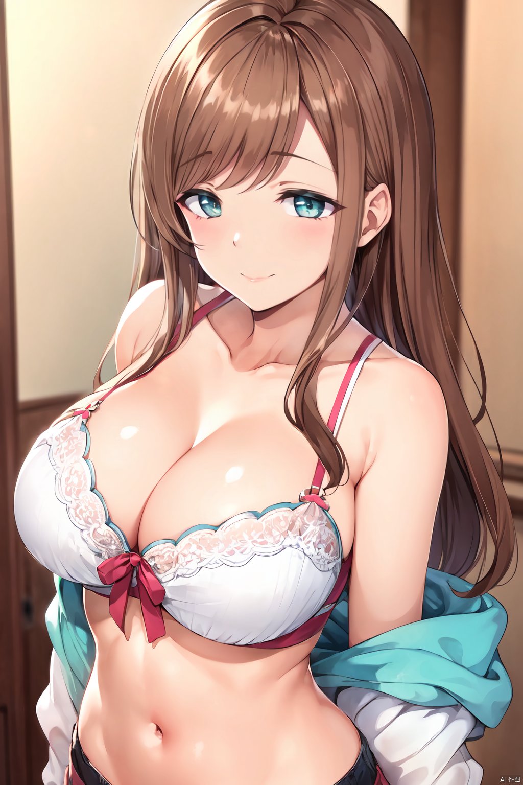 breasts, looking at viewer, blush, smile, large breasts, navel, cleavage, bare shoulders,sanada,swept_bangs,brown hair