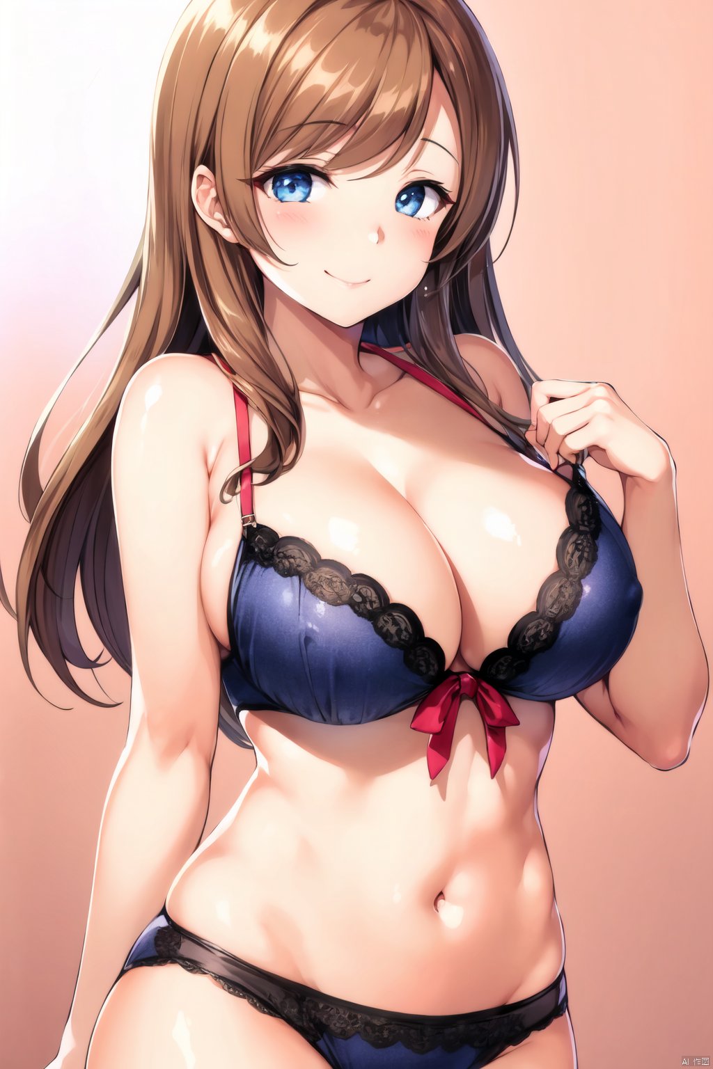 breasts, looking at viewer, blush, smile, large breasts, navel, cleavage, bare shoulders,sanada,swept_bangs,brown hair