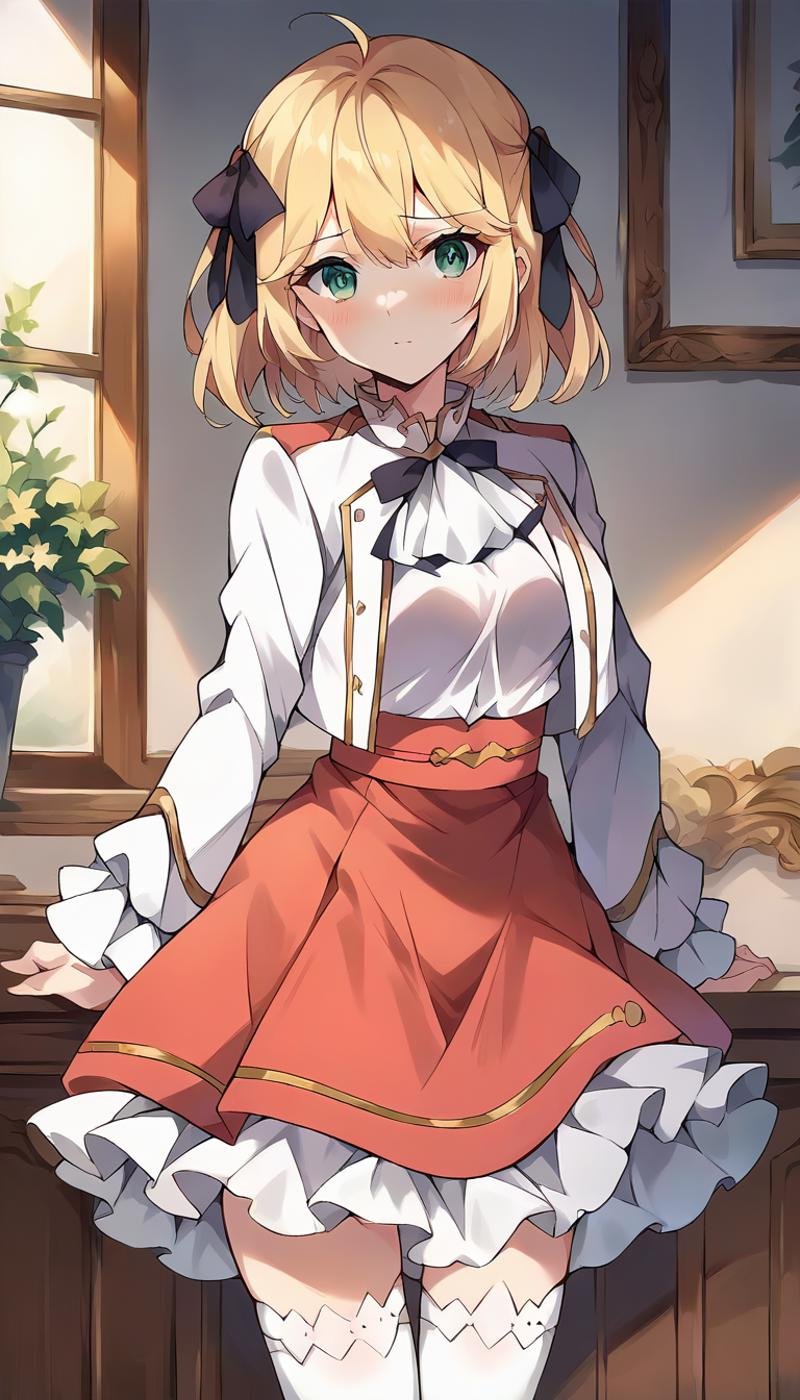 score_9, score_8_up, score_7_up, source_anime, masterpiece, 1girl, anisphia, white jacket, cropped jacket, white shirt, ascot, red skirt, frills, frilled skirt, white thighhighs, cowboy shot, looking at viewer,  blush,<lora:AnisphiaPONYXL:0.8>, indoors