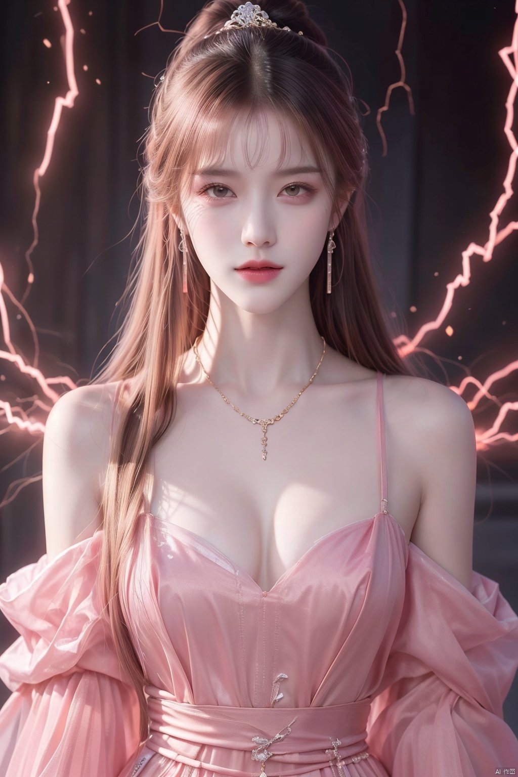  1girl,Bangs, off shoulder, colorful_hair, ((colorful hair)),golden dress, yellow eyes, chest, necklace, pink dress, earrings, floating hair, jewelry, sleeveless, very long hair,Looking at the observer, parted lips, pierced,energy,electricity,magic,tifa,sssr,blonde hair,jujingyi, wangyushan, dofas, forehead mark, (\yan yu\), qingyi