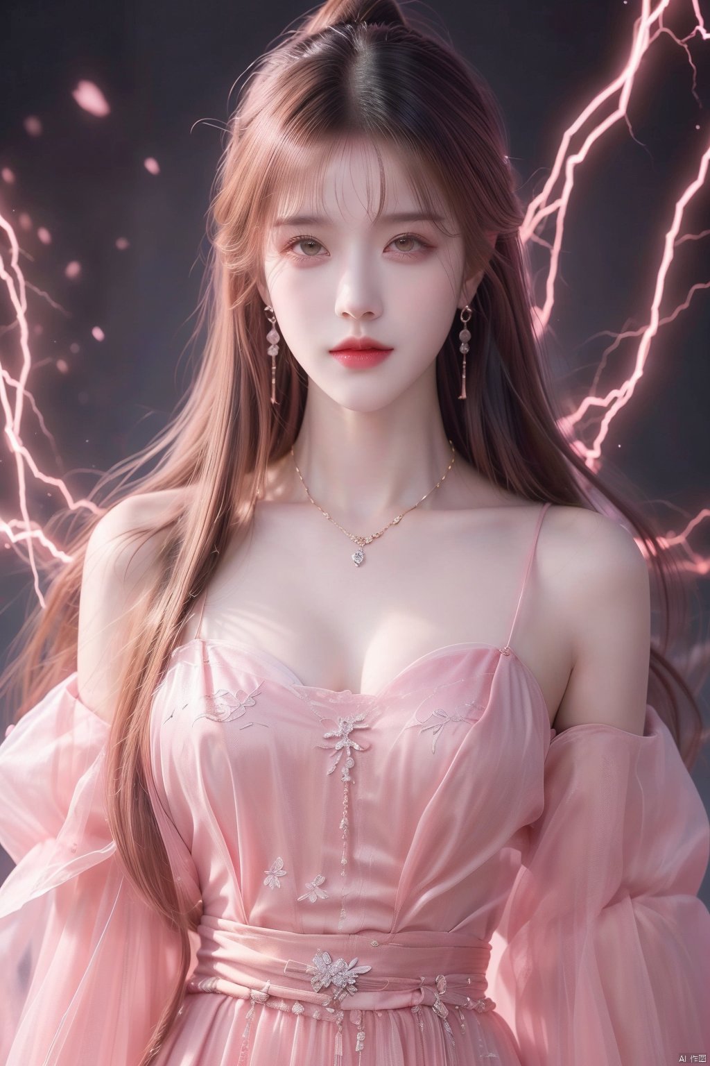  1girl,Bangs, off shoulder, colorful_hair, ((colorful hair)),golden dress, yellow eyes, chest, necklace, pink dress, earrings, floating hair, jewelry, sleeveless, very long hair,Looking at the observer, parted lips, pierced,energy,electricity,magic,tifa,sssr,blonde hair,jujingyi, wangyushan, dofas, forehead mark, (\yan yu\), qingyi