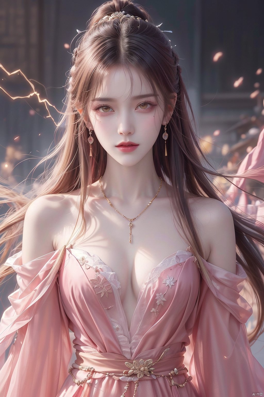  1girl,Bangs, off shoulder, colorful_hair, ((colorful hair)),golden dress, yellow eyes, chest, necklace, pink dress, earrings, floating hair, jewelry, sleeveless, very long hair,Looking at the observer, parted lips, pierced,energy,electricity,magic,tifa,sssr,blonde hair,jujingyi, wangyushan, dofas, forehead mark, (\yan yu\), qingyi