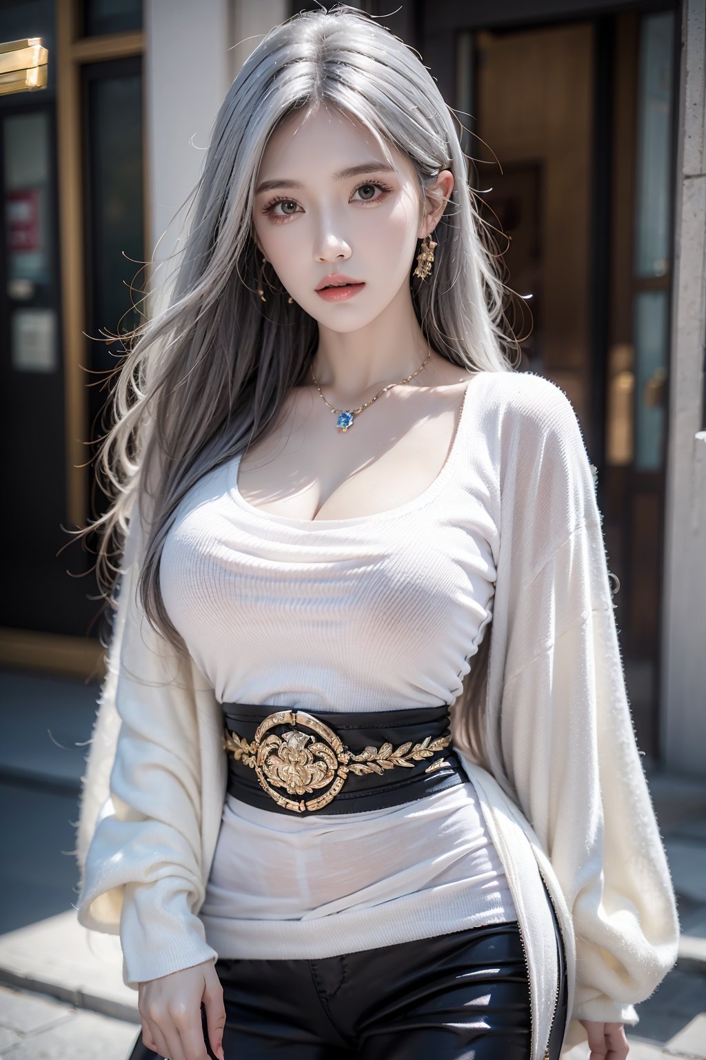 female,masterpiece, realistic, best quality, ultra detailed, waist up, silver hair, jewelery, fashionable accessories, street wear, fashion clothing, colorful