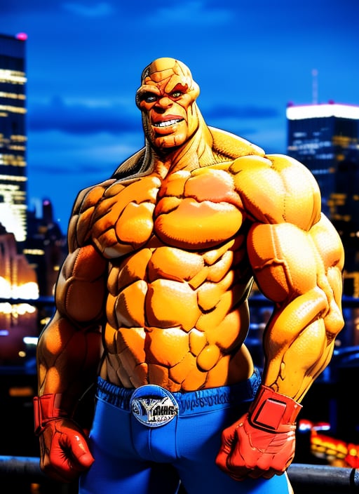 One guy,The thing, orange rocky skin, bulky,  new york city background,SD 1.5