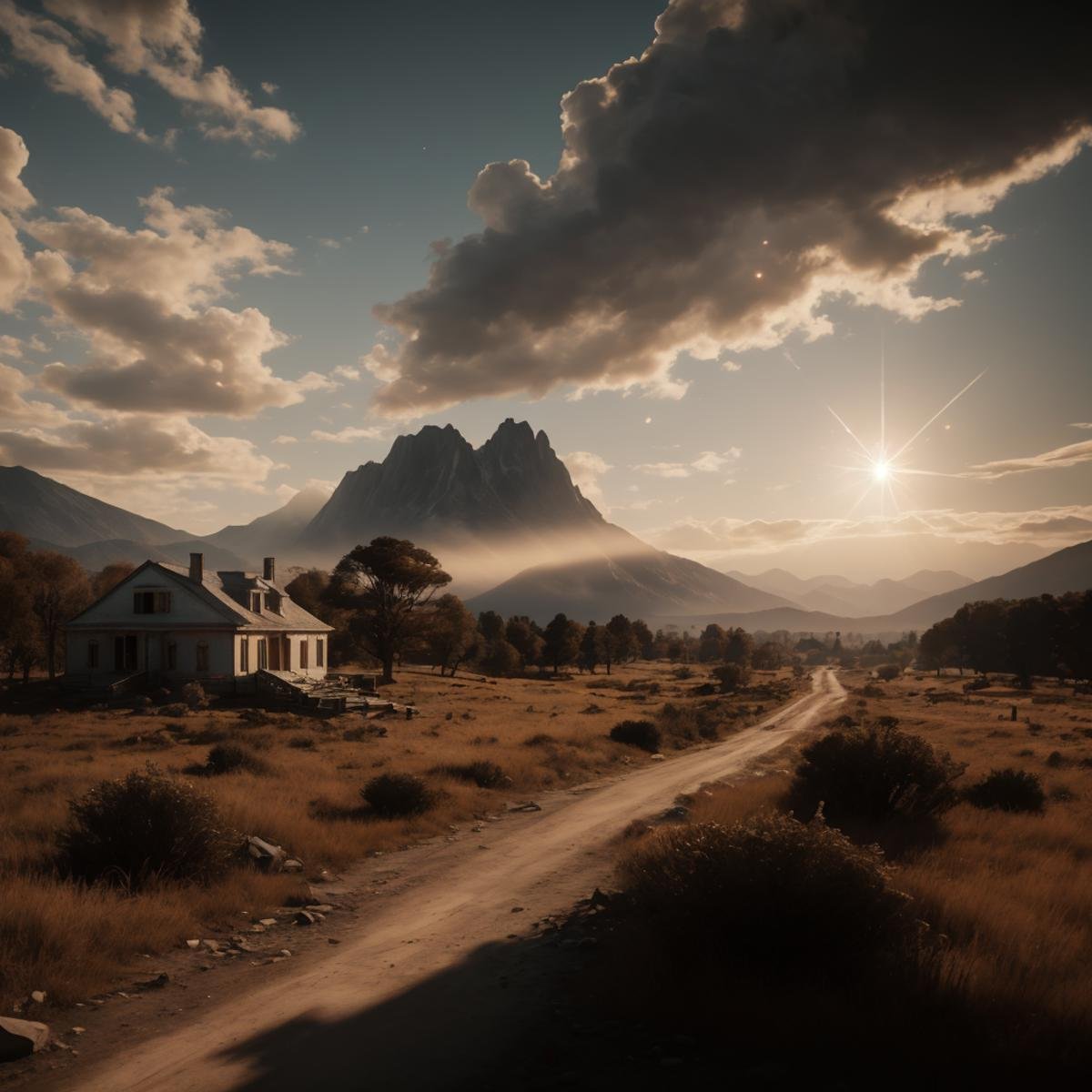 epic ghost city, abanded town, golden hour, misty ground, rocky ground, distant mountains, atmospheric perspective, altostratus clouds, planets, cinematic, 35mm lens, anamorphic lens flare, photographic, octane render, cinematography by roger deakins, in the style of ansel adams, low details, surrealism, colonial house in background,4esthet1c, <lora:AestheticScene:0.8>