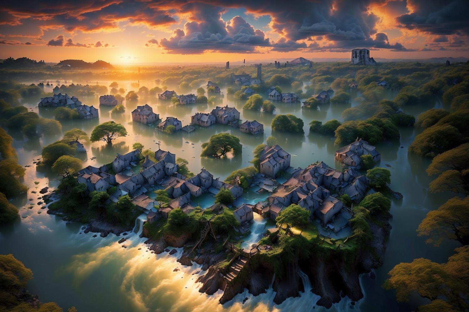 (((beautiful Wallpaper of the view of a afterlife ruined village surrounded by cloud that floating in the sky:1.4))), walled, very populated. view ground to sky, city of angels, isekai,Epic Land in the sky and a river and ((waterfall:1.4)) and ((lake)), ((night)), (((sky full star:1))), Landscape, fantasy,4esthet1c, <lora:AestheticScene:1>