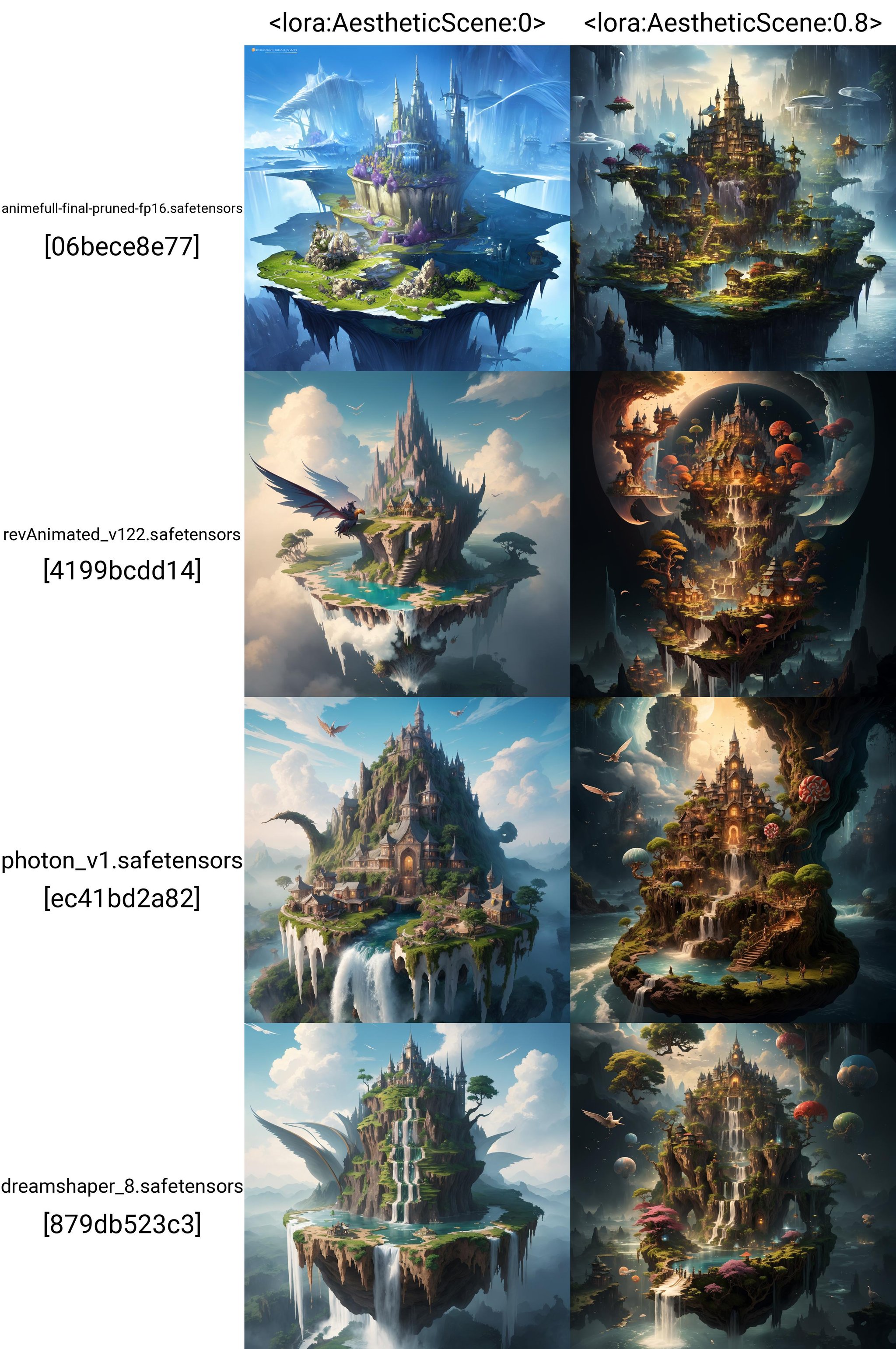 ((masterpiece)),((best quality)),8k,high detailed,ultra-detailed,illustration,concept art,fantasy,a floating island,candy tree,porcelain house, (floating waterfalls:1.1),(floating islands in the sky:1.2),magical creatures,capturing the otherworldly beauty of a floating fantasy realm,4esthet1c, <lora:AestheticScene:0>