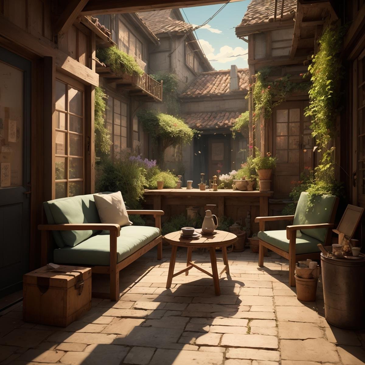 painting of a courtyard with a table and chairs and a bench, anime background art, relaxing concept art, anime scenery concept art, immensely detailed scene, a beautiful artwork illustration, detailed scenery âwidth 672, studio ghibli environment, environment design illustration, highly detailed scene, beautiful anime scene, anime scenery, detailed soft painting, ghibli studio style, environment painting,4esthet1c, <lora:AestheticScene:0.8>