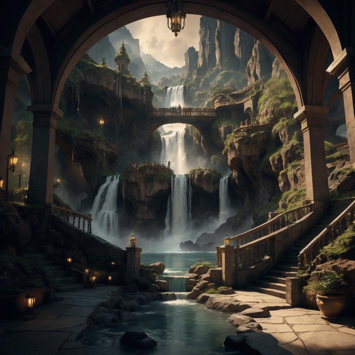 (highly detailed:1.3), wrench_elven_arch, a massive, multi-tiered elven palace adorned with flowing waterfalls, its cascades forming staircases between ethereal realms,Ultra-detail, (highres:1.1), best quality, (masterpiece:1.3), cinematic lighting,4esthet1c, <lora:AestheticScene:0.8>