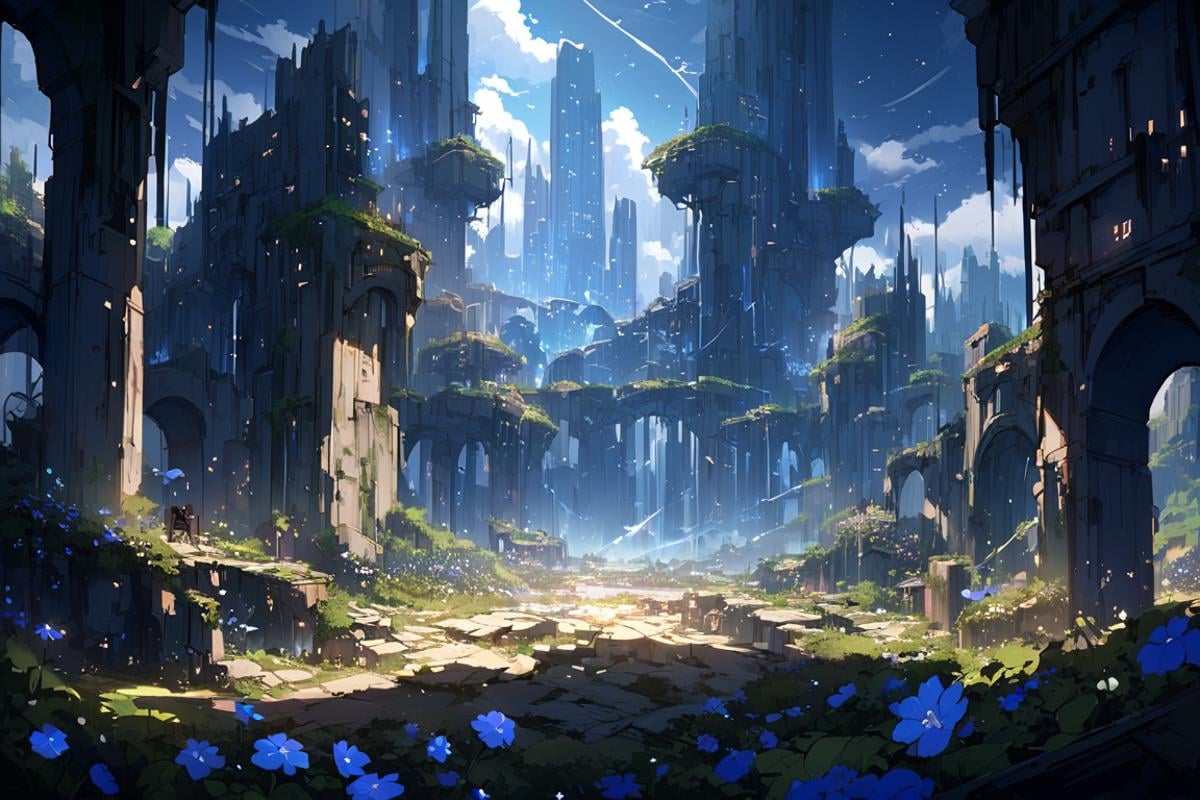 sky, star sky, cloud, flowing, flower, in ruins city, scenery, landscape,4esthet1c, <lora:AestheticSceneSDXL:1>