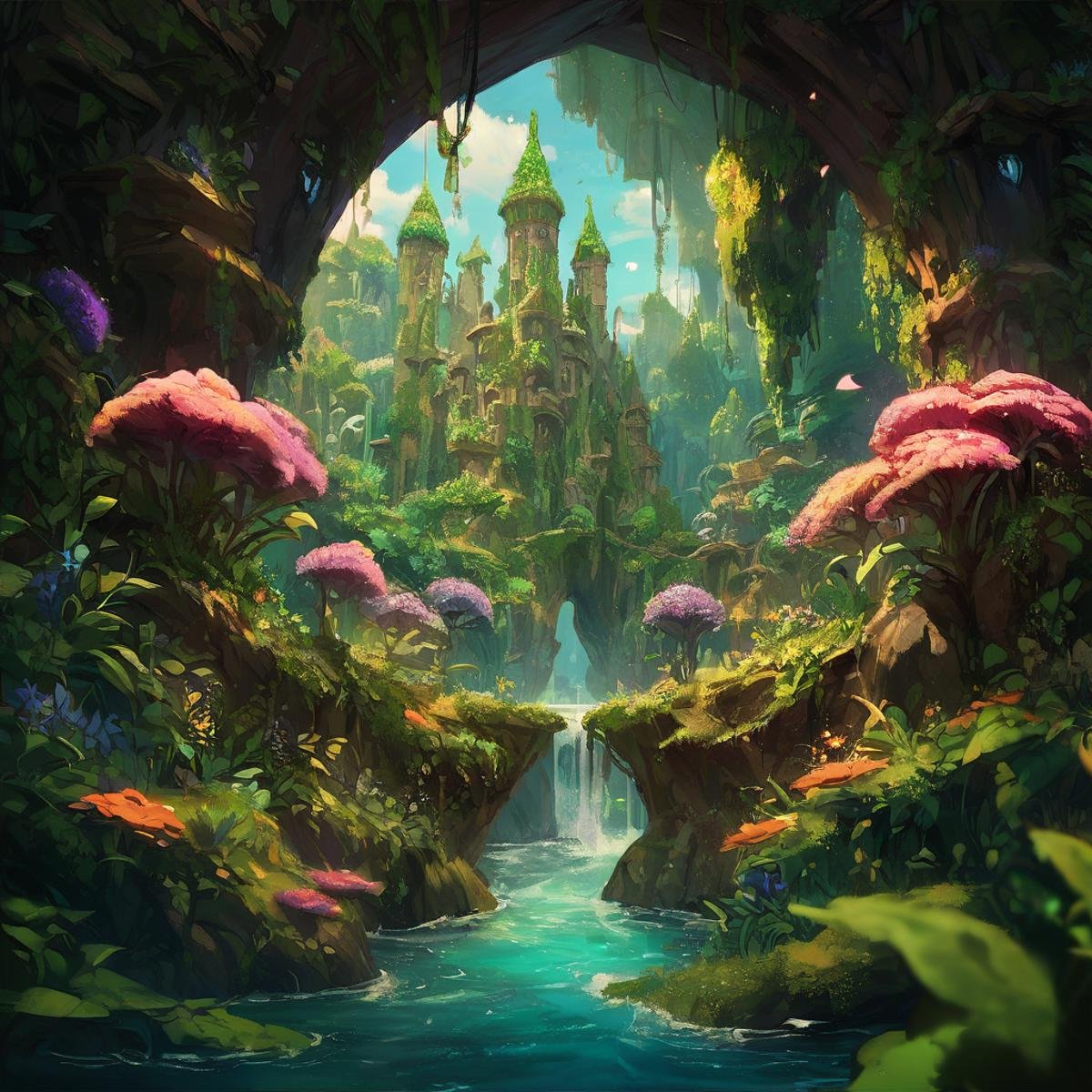 score_9,score_8_up,score_7_up,score_6_up,score_5_up,score_4_up,scenary, create an enchanting vertical landscape featuring multiple luminous waterfalls cascading down from towering cliffs into a serene river, surrounded by lush greenery and blooming flowers under the soft glow of twilight, <lora:noc-AestheticScene_Pony:1>
