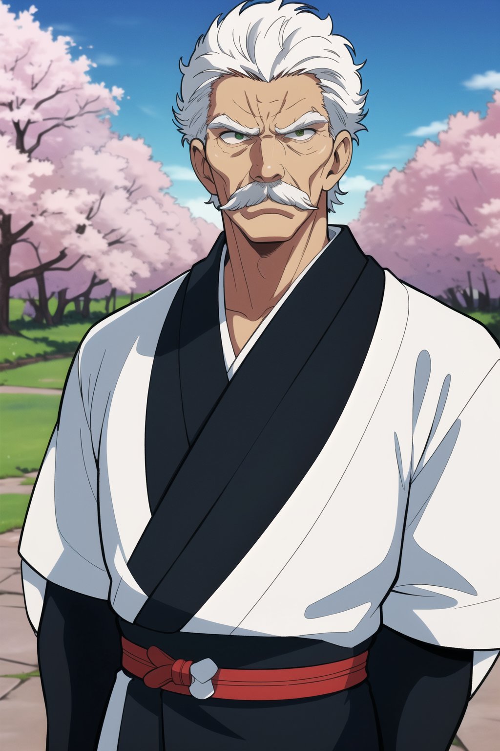 (masterpiece:1.2), (best quality), (ultra detailed), (8k,4k), (highly detailed:1.2), (perfect lightingbest quality), (blue sky, green hills, cherry blossom), (solo, male, old man, really old, wrinkles, short hair, moustache, white hair, serious face), (black kimono, red belt), bangu