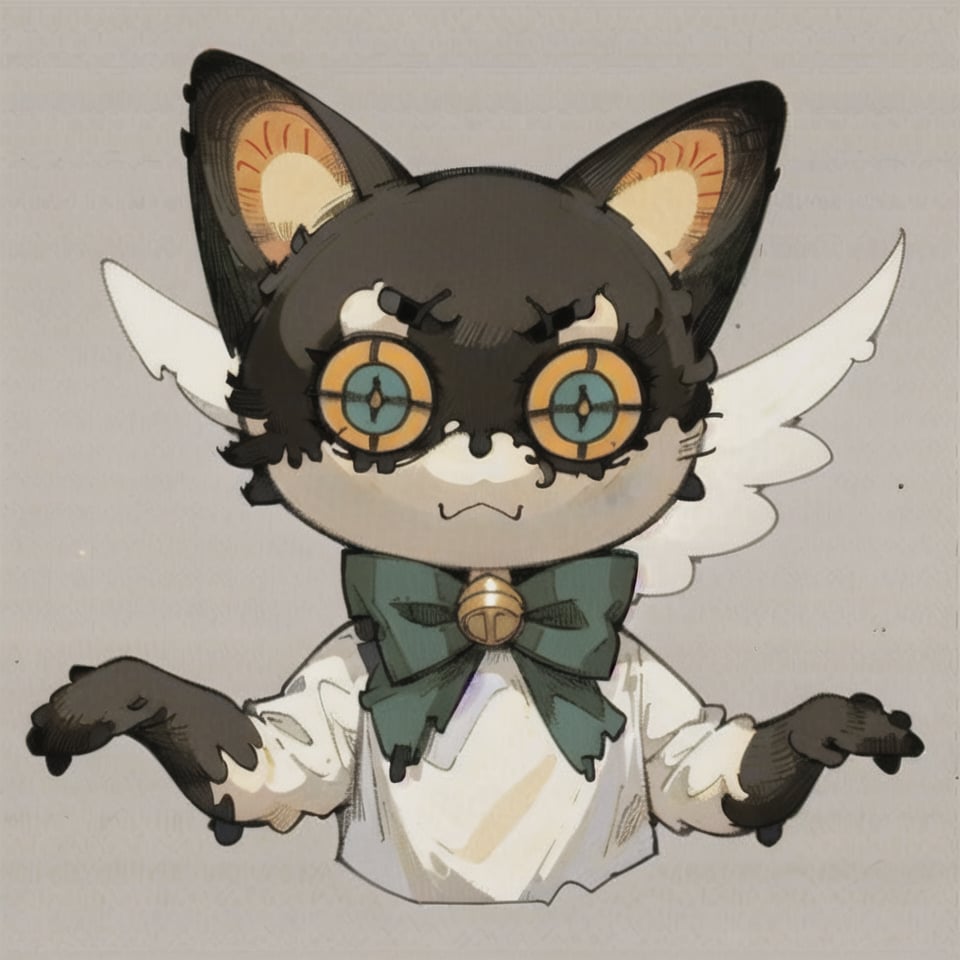 solo, looking at viewer, simple background, bow, green eyes, upper body, bowtie, grey background, no humans, cat, white bow, :<, colored sclera, black cat, white bowtie, yellow sclera, whiskers, black fur