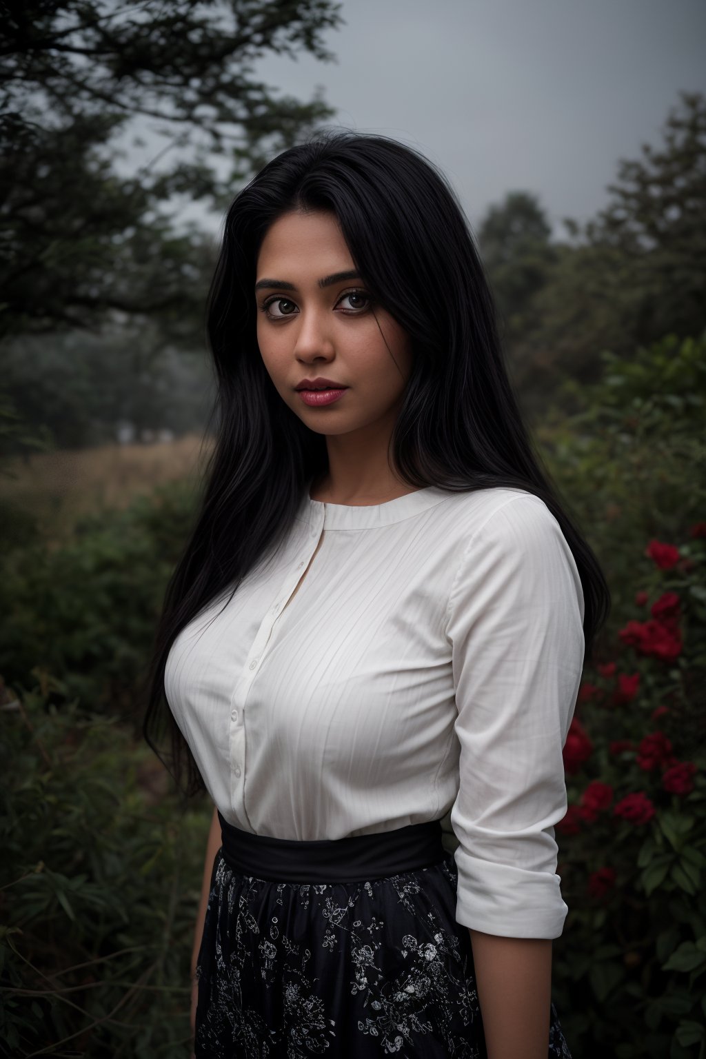 In dark night:1, In this stunning 8K photo, long skirt, Kerala pavada:1, pavada, gown, long designer blouse, a serene foggy garden sets the stage for a mesmerizing portrait of a 27-year-old Indian women. Beautiful face, plumpy face, chubby, attractive Big eye, Her flawless complexion glows softly under the misty atmosphere's subtle lighting, highlighting her striking features: large eyes and proper breasts. The lush green grass and vibrant red roses surrounding her create a picturesque backdrop, accentuating her natural beauty. Red, ultra realistic photography, She poses elegantly in a gorgeous long-pavada skirt in soft,27 old girl,Big eye dusky ,Big eyes 