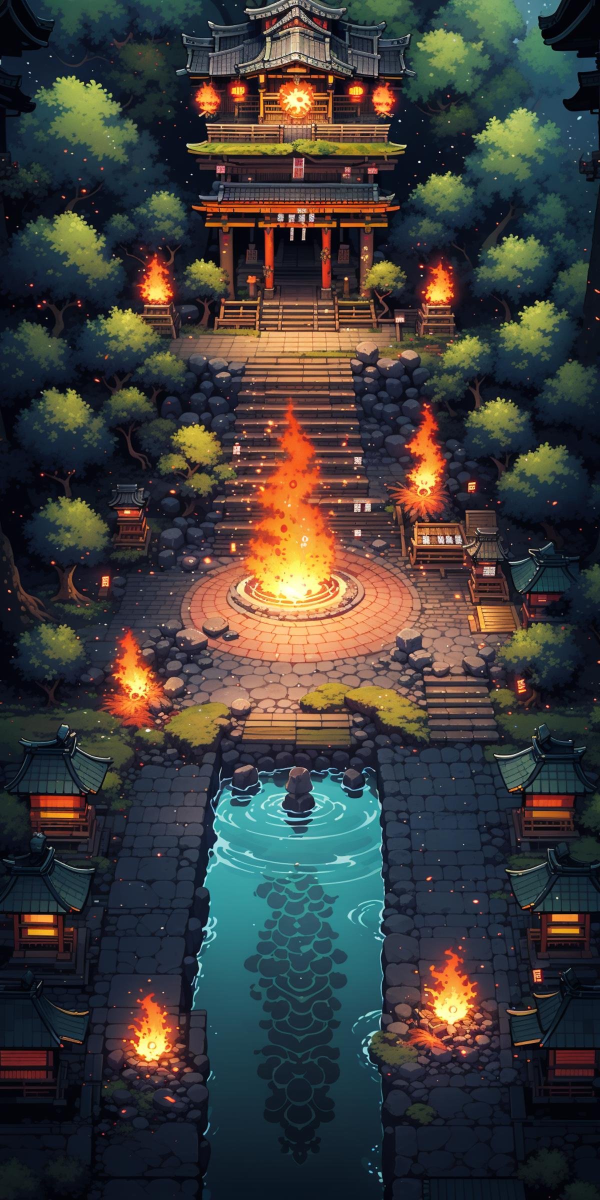 <lora:竖版游戏像素场景-000009:0.75>,HEZI, game scene, pixel style, vertical game interface, European and American game style, no humans, scenery, water, stairs, tree, lantern, architecture, fire, night, east asian architecture, outdoors, nature, stone lantern, shrine, forest, torii, stone stairs