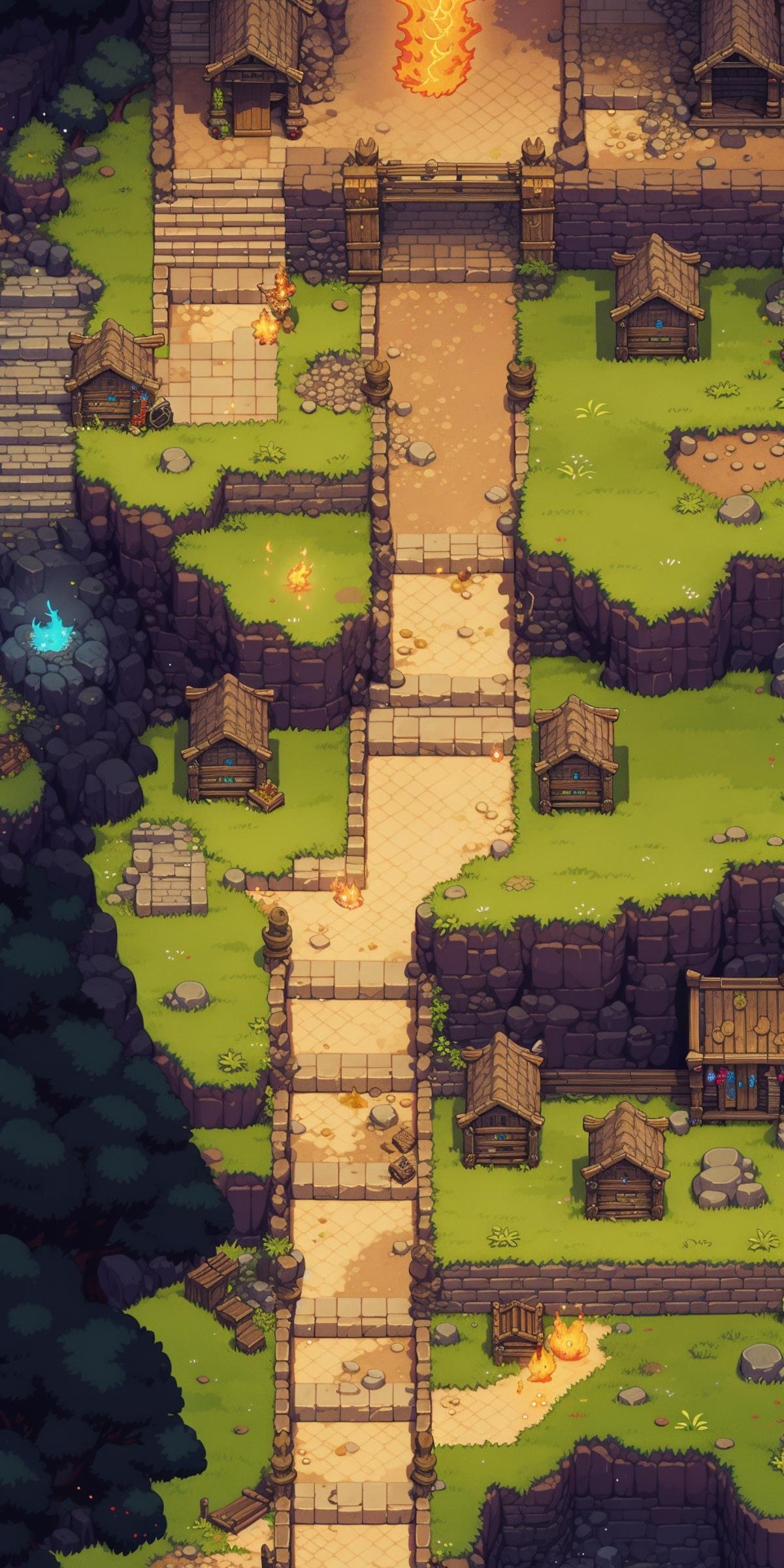 <lora:竖版游戏像素场景-000009:0.75>,HEZI, game scene, pixel style, vertical game interface, European and American game style, grass, torch, rock, fire, stairs, door, weapon, gameplay mechanics, horned helmet