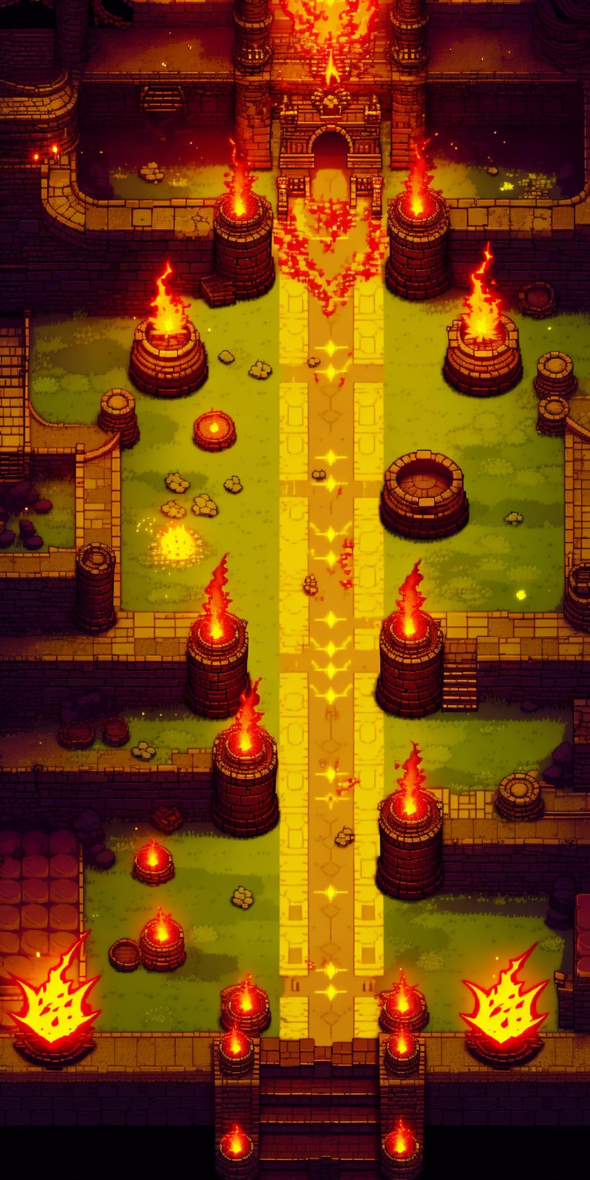 <lora:竖版游戏像素场景-000009:0.75>,HEZI, game scene, pixel style, vertical game interface, European and American game style, stairs, candle, torch, no humans, fire, scenery