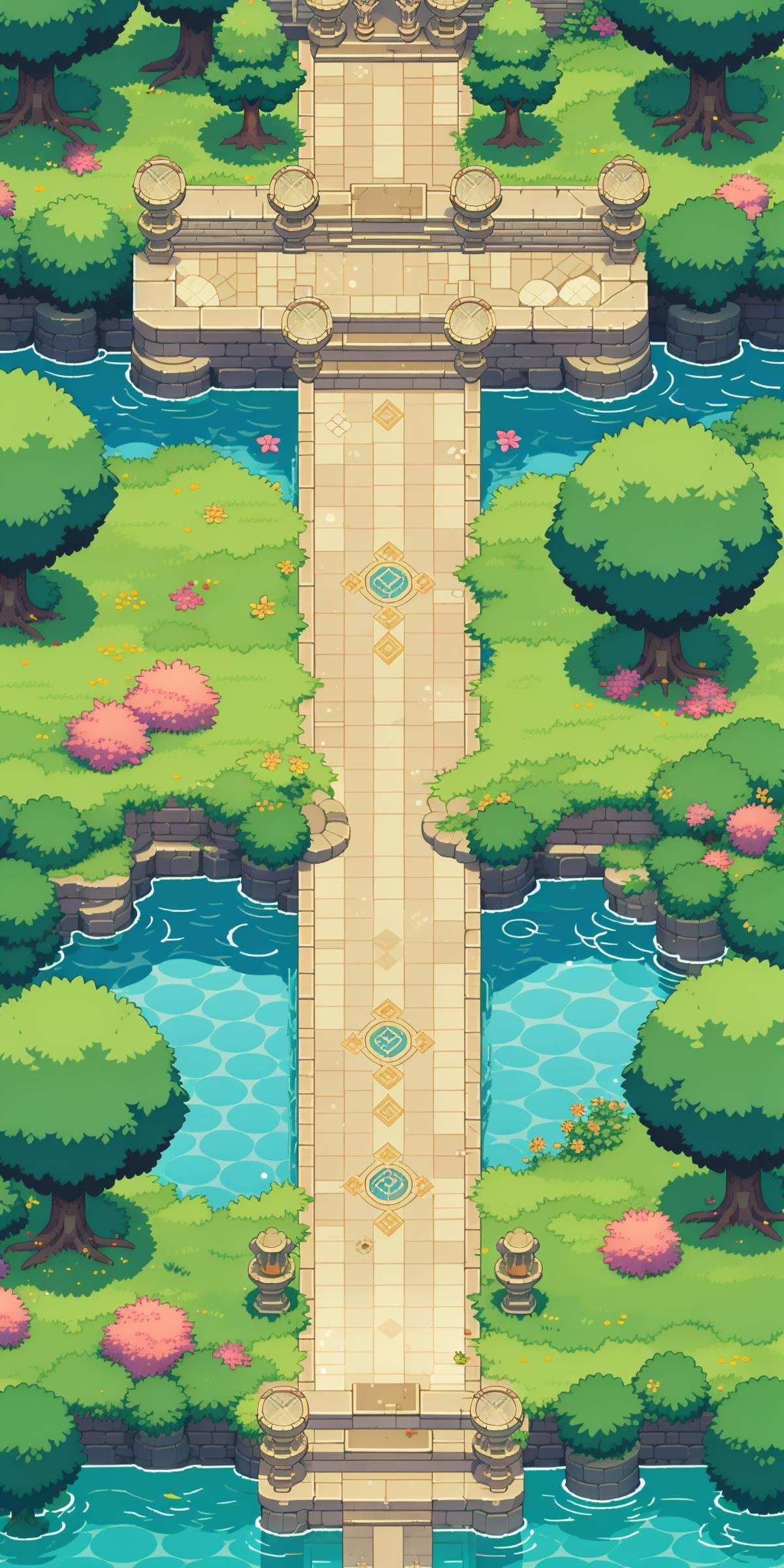 <lora:竖版游戏像素场景-000009:0.75>HEZI, game scene, pixel style, vertical game interface, European and American game style, water, tree, stairs, bush, no humans, flower, bridge, scenery, plant, from above