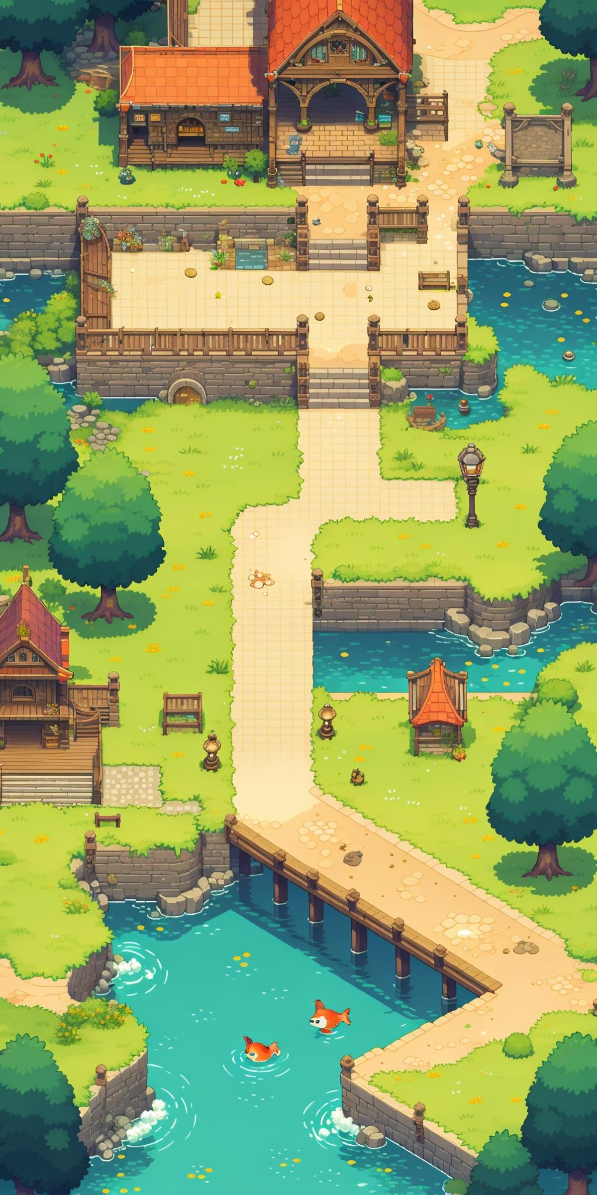 <lora:竖版游戏像素场景-000009:0.75>HEZI, game scene, pixel style, vertical game interface, European and American game style, scenery, water, stairs, fish, grass, door, bridge, plant, outdoors