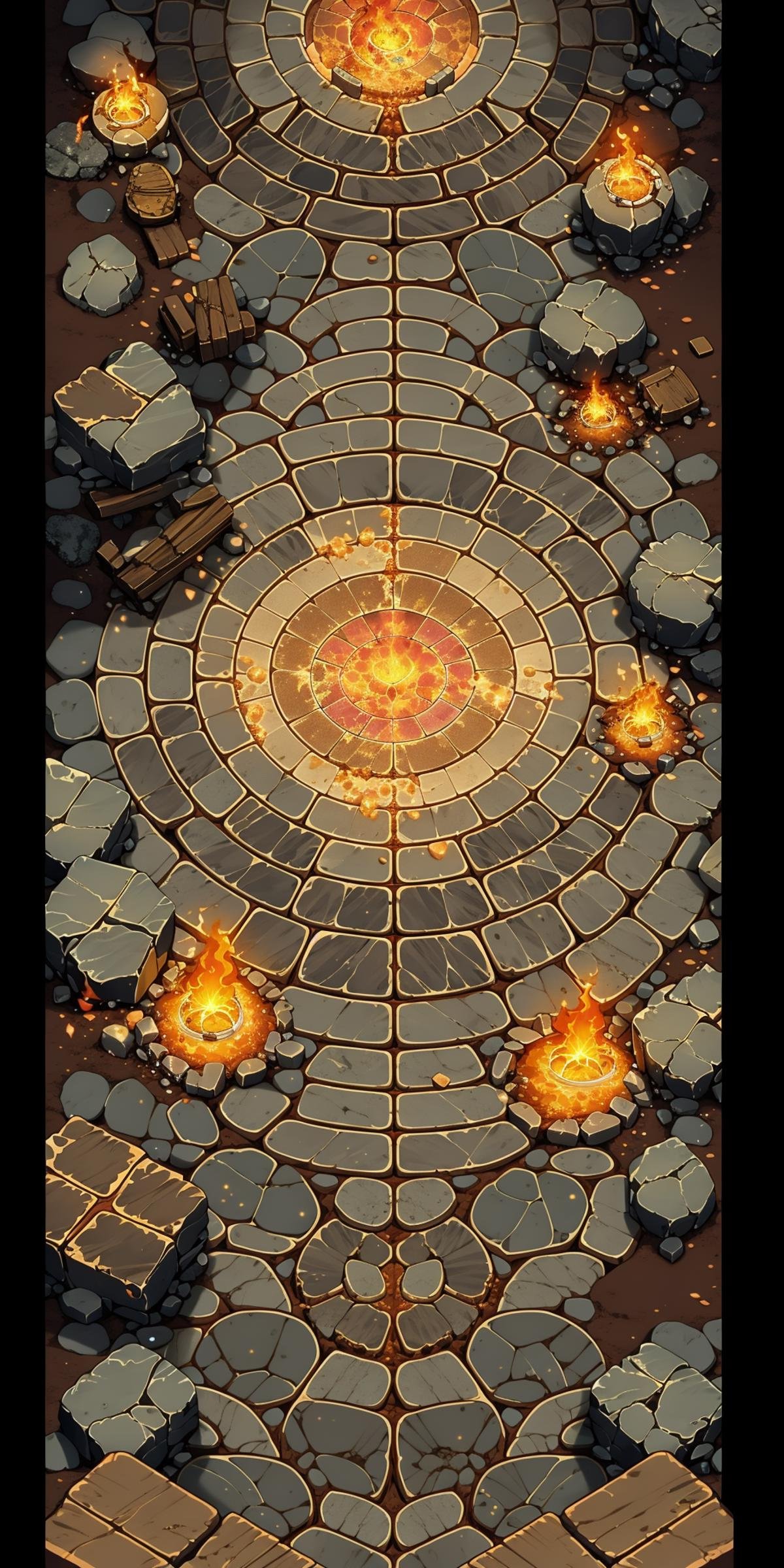 <lora:竖版游戏像素场景-000009:0.75>,HEZI, game scene, pixel style, vertical game interface, European and American game style, no humans, stone floor, molten rock, from above, stone, cracked floor, fire, border, torch, crack, rock, scenery