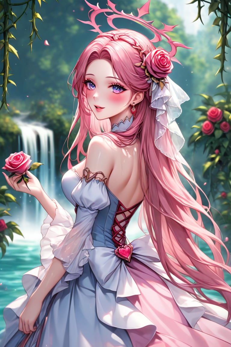 A mesmerizing 8K masterpiece unfolds, showcasing a stunning 25-year-old girl with light pink, long hair that cascades down her back like a gentle waterfall. Her beautiful face, adorned with big, hyperdetailed eyes and blush-pink cheekbones, is framed by intricate details and a blurred background. Delicate frills and vines adorn her dress, while she holds a red rose in her hand, its thorns reaching out like skeletal fingers. Her parted lips are set in a subtle smile as she gazes directly at the viewer, surrounded by a halo of motion lines. The overall aesthetic is breathtakingly beautiful, with a score of 9/10 for its masterful execution and attention to detail.