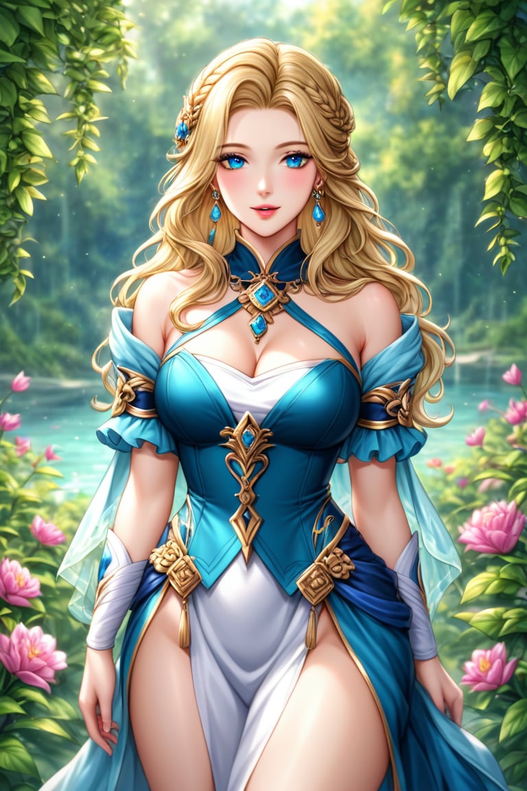 In this 8K masterpiece, a mesmerizing Korean beauty stands in a lush garden, her blond hair flowing like silk in the gentle breeze. Her piercing blue eyes, radiant with an inner glow, lock onto the camera, as if sharing a secret only you can see. Dressed in an exquisite bardic costume, featuring intricate embroidery of magical legends, she wears a long tunic made of luxurious fabrics that drapes elegantly around her toned physique. A velvet cloak billows behind her, its deep colors casting a mysterious atmosphere. The subject's gaze is framed by luscious flowers and foliage, with the soft focus of the background blurred to emphasize her statuesque presence. Score: 9/10 for this stunning, hyperdetailed illustration that exudes a sense of enchantment.