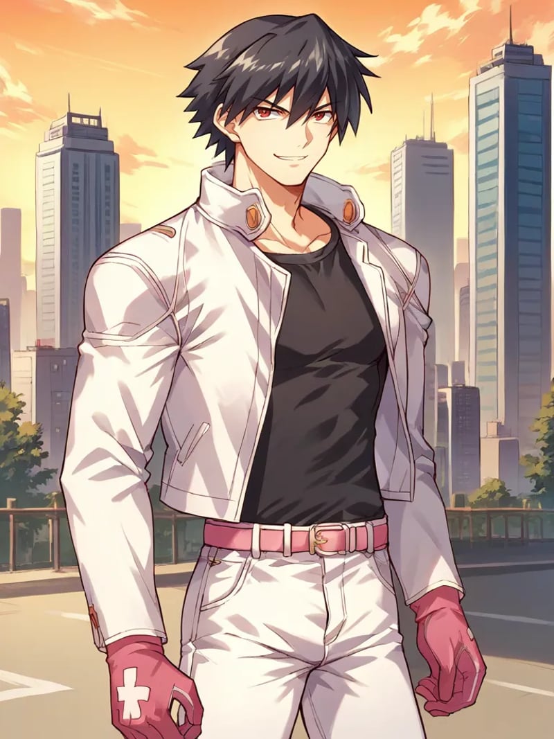 score_9, score_8_up, score_7_up, source_anime, <lora:Magami_Yuuji_-_Only_You_-Re_Cross-__Only_you_-リクルス-:1>,1boy, solo, black hair, red eyes, white jacket, open clothes, black shirt, pink belt, white pants, pink gloves, gloves, standing, smirk, outdoors, city