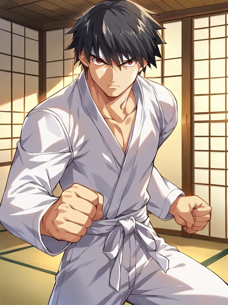 score_9, score_8_up, score_7_up, source_anime, <lora:Magami_Yuuji_-_Only_You_-Re_Cross-__Only_you_-リクルス-:1>,1boy, solo, black hair, short hair, red eyes, white karate gi, indoors, dojo, serious, standing, arm foward, punch, punching, white headband