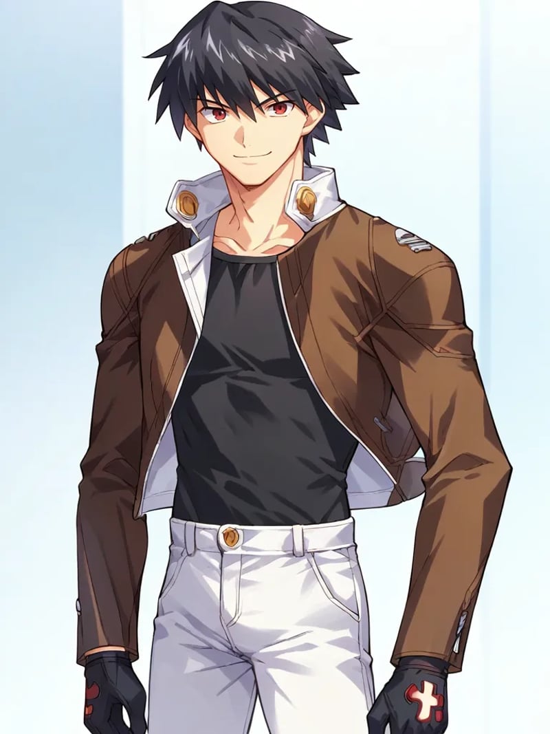 score_9, score_8_up, score_7_up, source_anime, <lora:Magami_Yuuji_-_Only_You_-Re_Cross-__Only_you_-リクルス-:1>,1boy, solo, black hair, short hair, red eyes, brown jacket, open clothes, black shirt, white pants, black gloves, standing, smile, closed mouth,