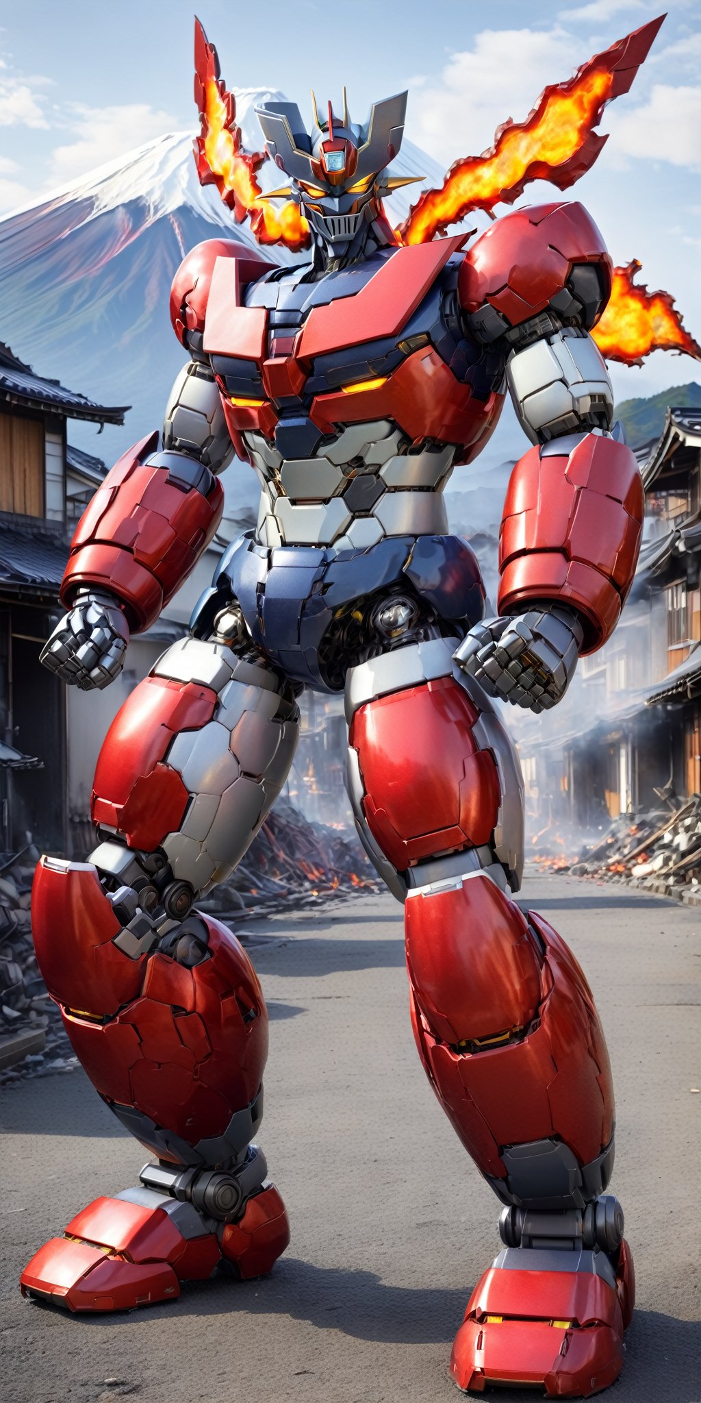 masterpiece,high quality,quality 4k,quality 8k,great and high detailed head and face,no humans,Manziger Z,blue grey and red colors mecha,yellow eyes,super robot,robot,looking at viewer,full body,glowin,clenched hands,standing,realistic,wings,outdoors,kneeling on one leg and supporting himself with one hand due to exhaustion from the fight,(background:mount fuji:1.2),background: massive destruction in the city and with flames in several buildings: 1:3,MAZINGER Z