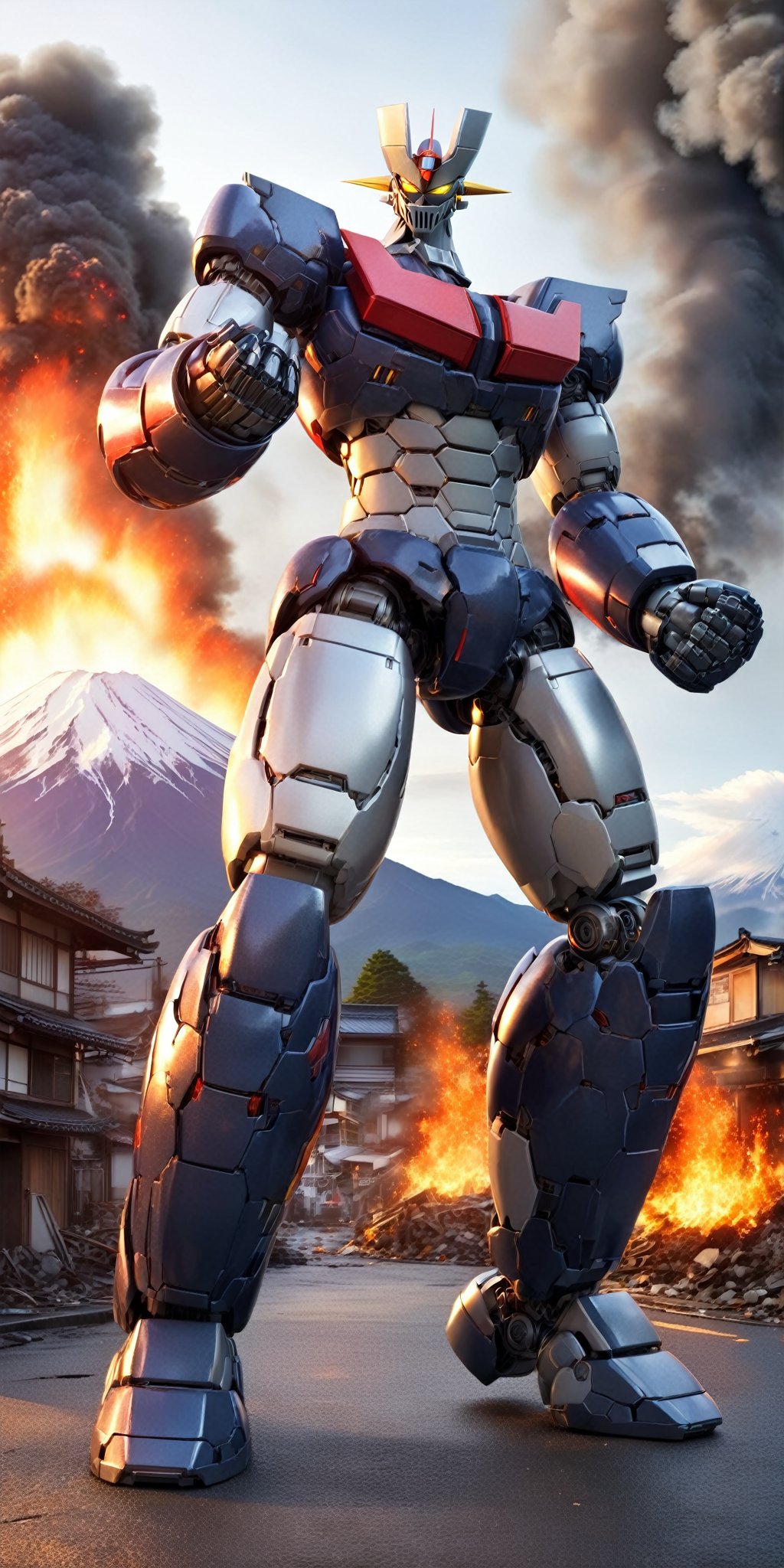 masterpiece,high quality,quality 4k,quality 8k,great and high detailed head and face,no humans,Manziger Z,blue grey and red colors mecha,yellow eyes,super robot,robot,looking at viewer,full body,glowin,clenched hands,standing,realistic,outdoors,kneeling on one leg and supporting himself with one hand due to exhaustion from the fight,(background:mount fuji:1.2),background: massive destruction in the city and with flames in several buildings: 1:3,MAZINGER Z,MECHA