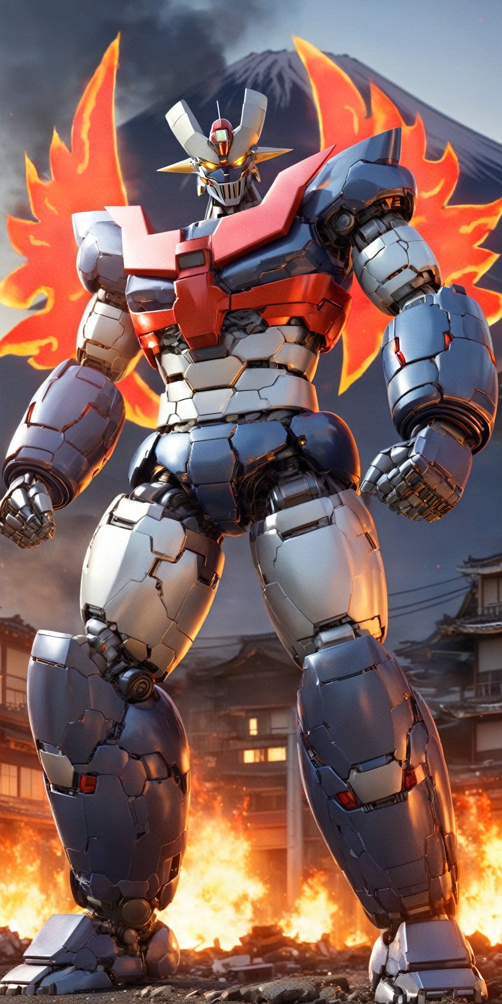 masterpiece,high quality,quality 4k,quality 8k,great and high detailed head and face,no humans,Manziger Z,blue grey and red colors mecha,yellow eyes,super robot,robot,looking at viewer,full body,glowin,clenched hands,standing,realistic,wings,outdoors,kneeling on one leg and supporting himself with one hand due to exhaustion from the fight,(background:mount fuji:1.2),background: massive destruction in the city and with flames in several buildings: 1:3,MAZINGER Z