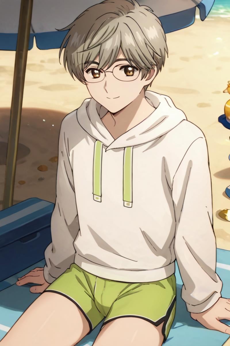 score_9,score_8_up,score_7_up,source_anime,1boy,yukito tsukishiro,grey hair,brown eyes, glasses,looking at viewer, beach, light ray, white hoodie, open hoodie, boxer, sitting, green shirt, smile, sun, swimwear<lora:EMS-396754-EMS:0.800000>