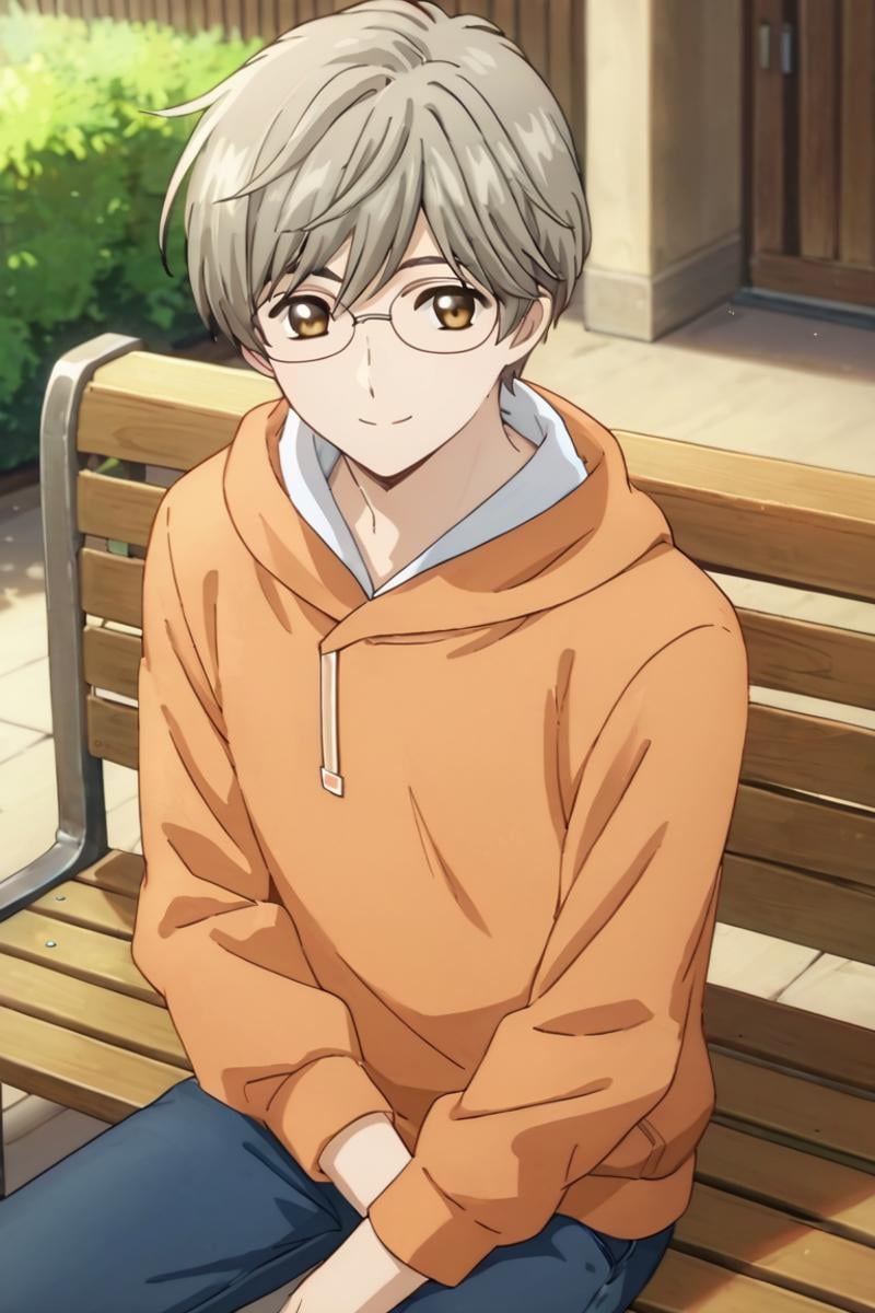 score_9,score_8_up,score_7_up,source_anime,1boy,yukito tsukishiro,grey hair,brown eyes, glasses,looking at viewer, hoodie, sitting, bench, smile<lora:EMS-396754-EMS:0.800000>