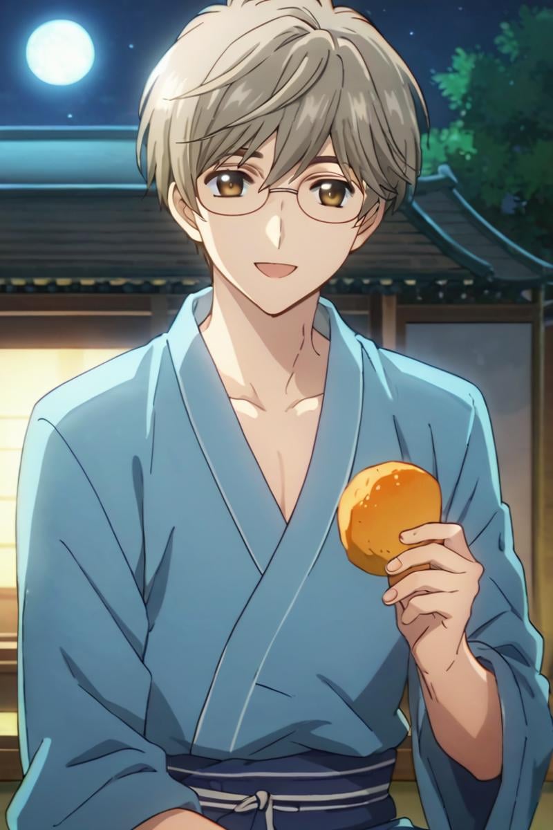 score_9,score_8_up,score_7_up,source_anime,1boy,yukito tsukishiro,grey hair,brown eyes,glasses, looking at viewer, night, sitting, japanese_clothes, men's yukata, light, dango, food, smile, upper body, open mouth<lora:EMS-396754-EMS:0.800000>