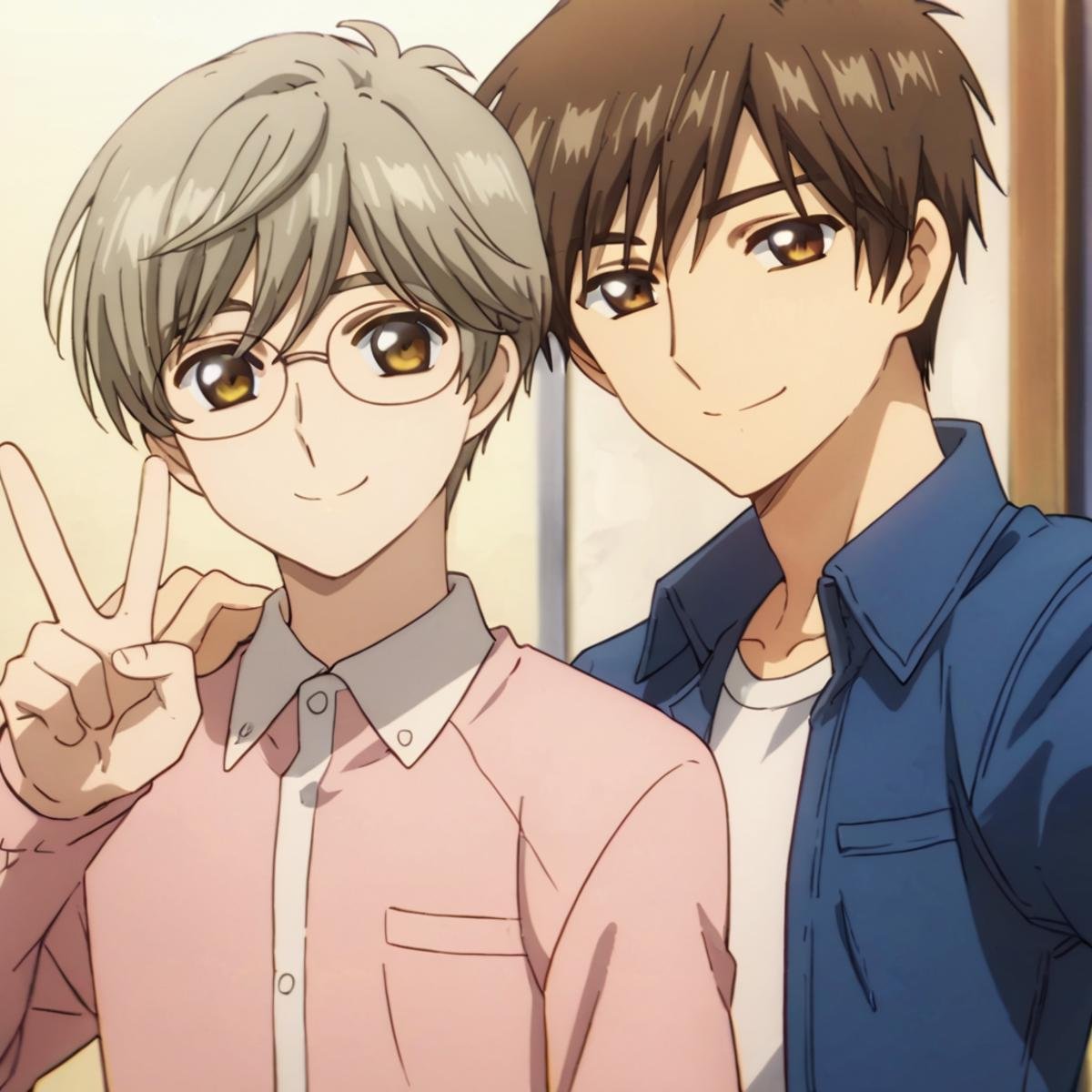 score_9,score_8_up,score_7_up,source_anime,2boys, upper body, yukito tsukishiro,grey hair,brown eyes,glasses, Touya Kinomoto,brown hair,brown eyes, v, Selfie,smile<lora:EMS-396754-EMS:0.800000>