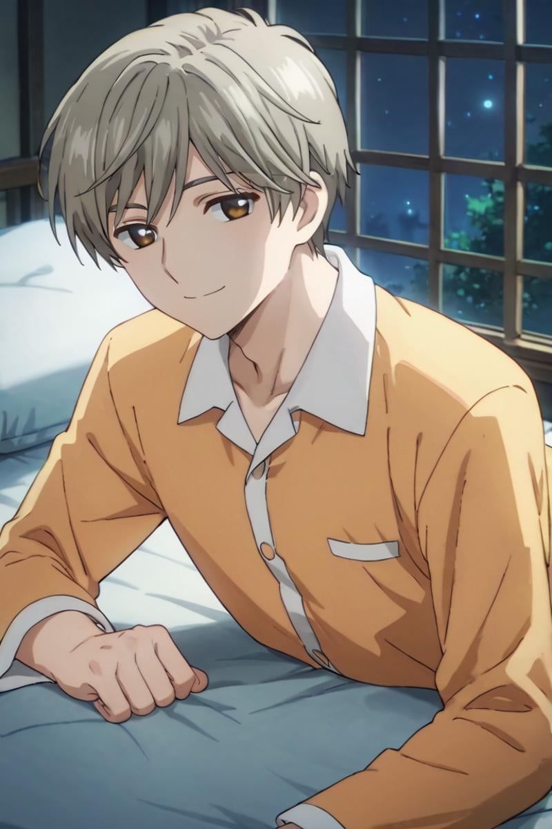 score_9,score_8_up,score_7_up,source_anime,1boy,yukito tsukishiro,grey hair,brown eyes, looking at viewer, pajama, lying, bed, dark, night, smile<lora:EMS-396754-EMS:0.800000>