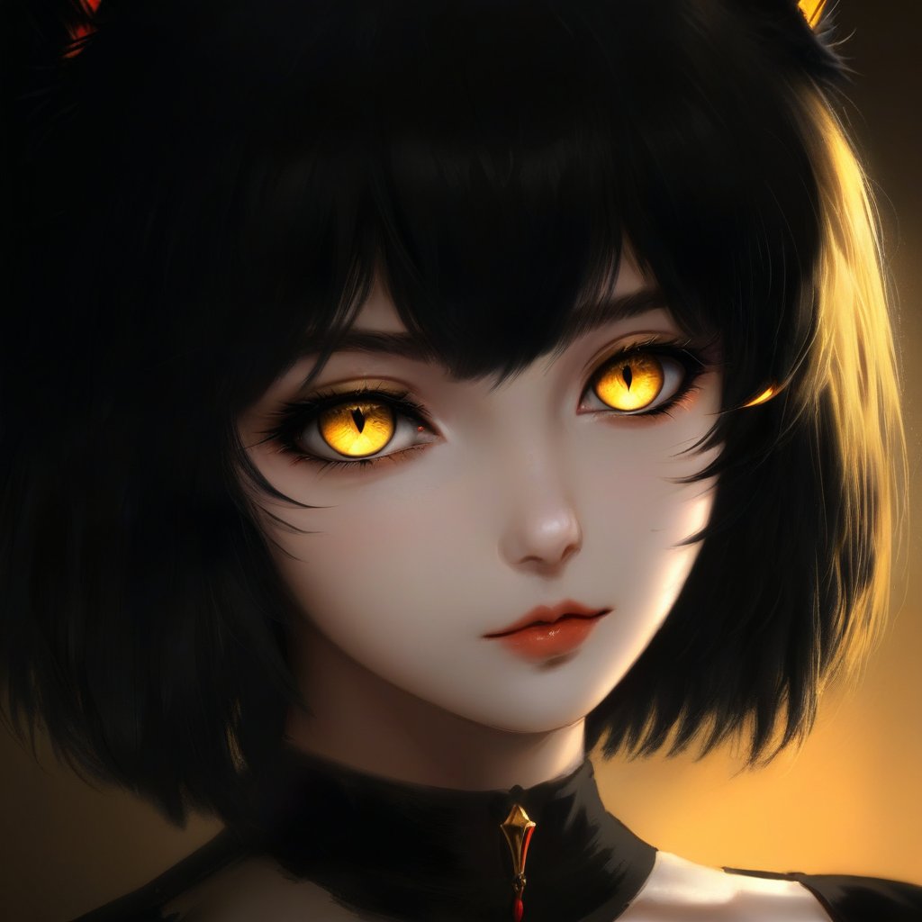 epicDiP, 1girl, catgirl, cat ears, shorthair, hair over one eyes, black hair, golden eyes, cat eyes, slit pupil, glowing eyes, black background, masterpiece, best quality, amazing quality, very aesthetic, absurdres