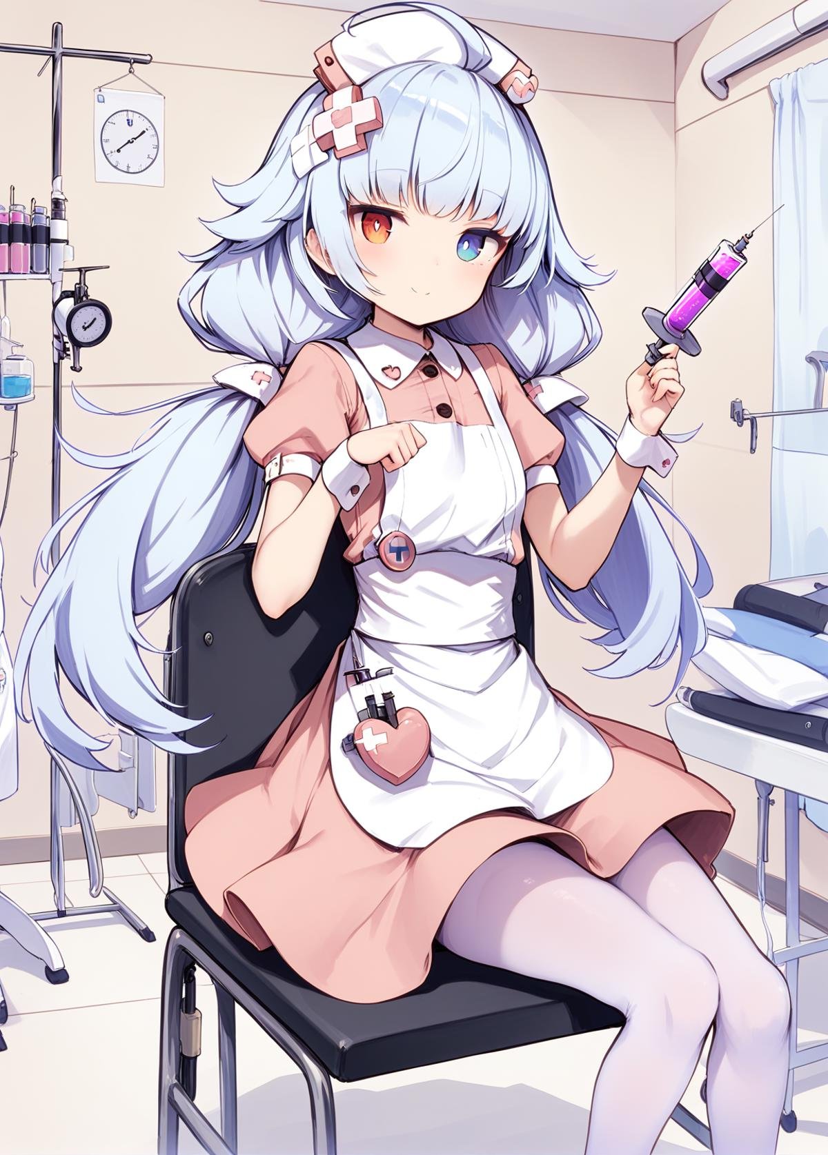 masterpiece, best quality, <lora:nicholas_XL_v1.0:0.8>,nicholas_\(azur_lane\), heterochromia, low_twintails,by kedama_milk,hair ornament,white_apron,white_pantyhose, wrist_cuffs,puffy_short_sleeves, collared_dress,nurse_cap,smile, holding_syringe, sitting on chair, infirmary, 