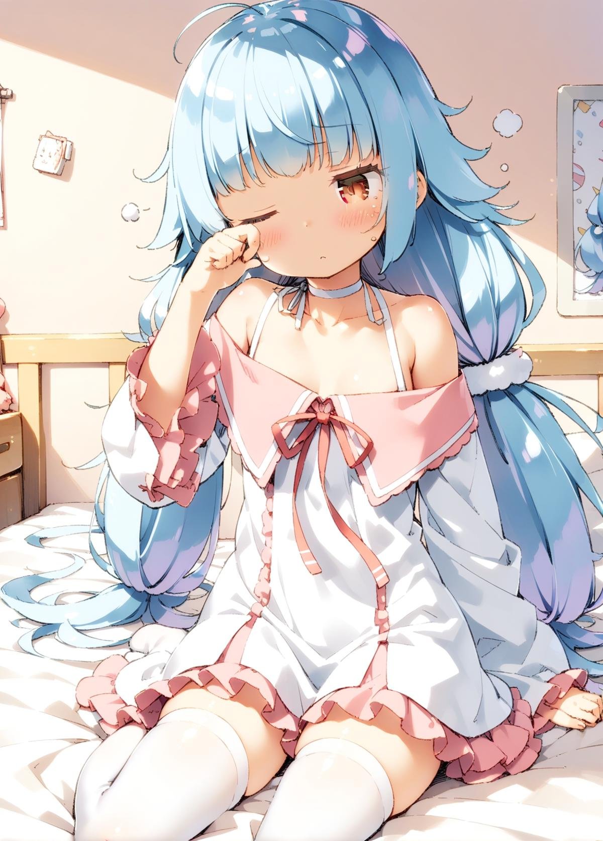 <lora:nicholas_XL_v1.0:0.8>,nicholas_\(azur_lane\), heterochromia, low_twintails,sleepy,by kani_biimu, white_thighhighs, off-shoulder dress, bedroom, rubbing eyes,one eye closed, pastel colors, masterpiece, best quality, 