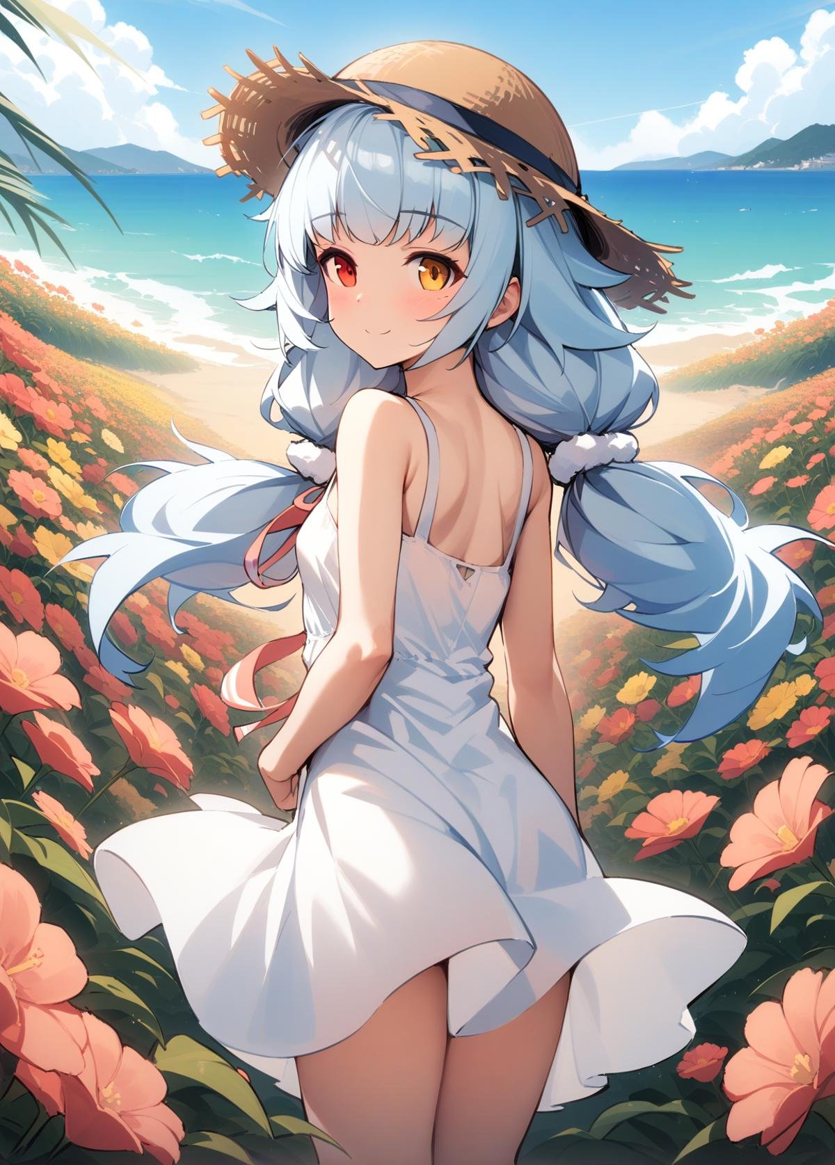 <lora:nicholas_XL_v1.0:0.8>,nicholas_\(azur_lane\), heterochromia, low twintails, sundress, outdoors, straw hat on head,flower Field,smile, arms behind back,looking back,the wind blows to the left, masterpiece, best quality,  very aesthetic, absurdres,