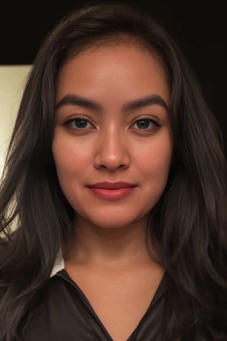 Generate hyper realistic image of a portrait of woman ,(25 years old),smile,(eye contact:1.3),(intense stare:1.3),on a (plain black background:1.2),(headshot:1.2),(face focus:1.1),(facing the camera:1.2),head in the centre,slight smile but sad,(facing straightforward:1.2),(forward facing:1.1),face focus,f1.4,40mm,photorealistic,raw,8k,skin pores,dried-up,textured skin,intricate details,dramatic light,award winning,Strong emotional expression,depth of field,blurry,Bokeh,by Nori Inoguchi,Masterpiece