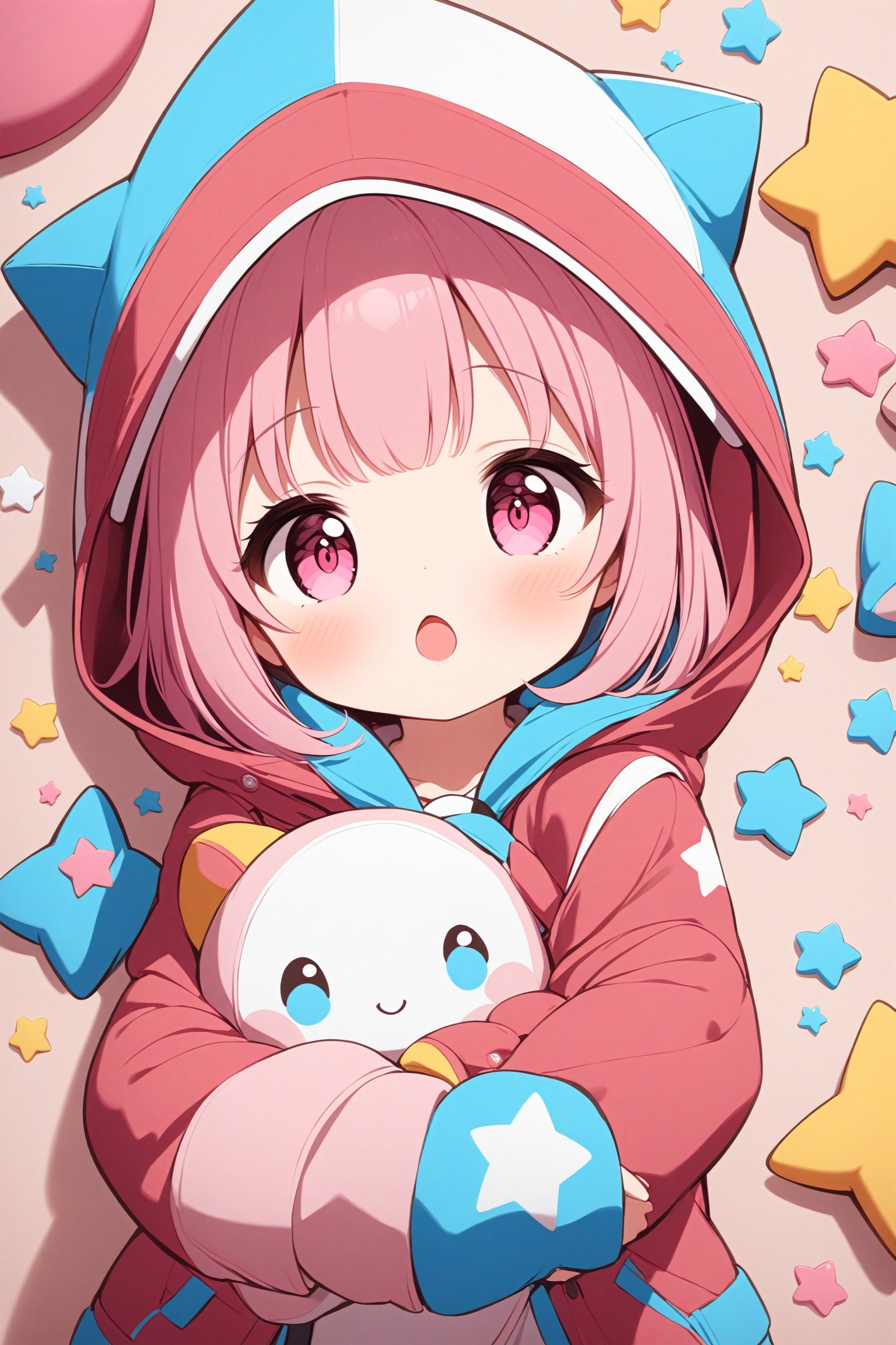 masterpiece, best quality, 1girl, solo, looking at viewer, blush, open mouth, bangs, long sleeves, jacket, pink hair, hood, pink eyes, star \(symbol\), :o, sleeves past wrists, hooded jacket, red jacket, hood up, star print. upper body, pov, pink room, hugging doll, from above