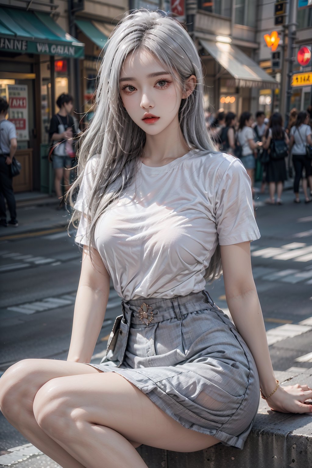 female,masterpiece, realistic, best quality, ultra detailed, waist up, white hair, fashionable accessories, t-shirt, grey skirts