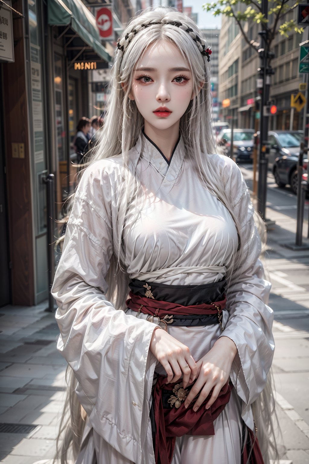 female,masterpiece, realistic, best quality, ultra detailed, waist up, white hair, fashionable accessories, hanfu